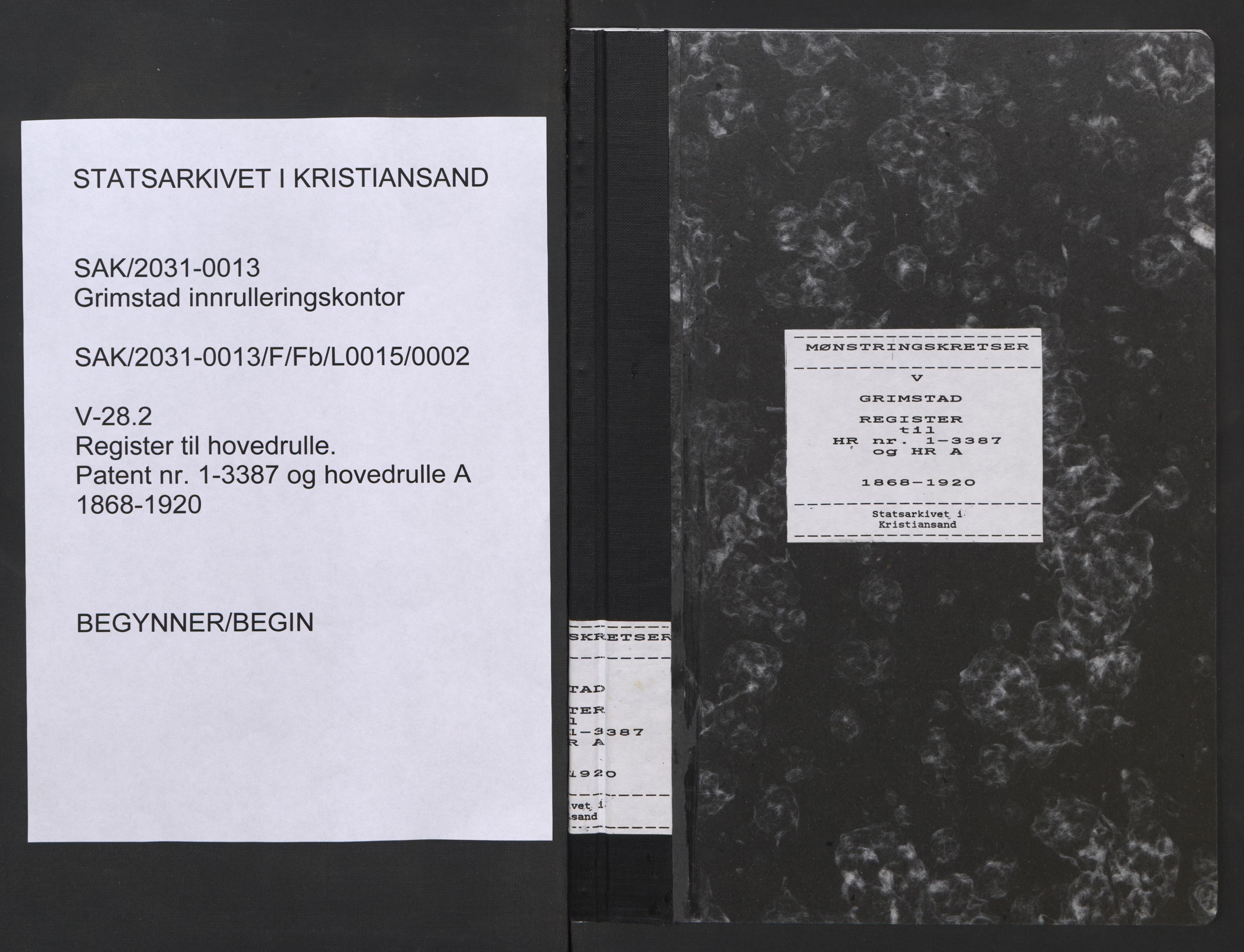 Grimstad mønstringskrets, SAK/2031-0013/F/Fb/L0015/0002: Register til hovedruller og patenter, V-28 / Register til hovedrulle nr 1-3387 og hovedrulle A (brukskopi), 1868-1920, p. 1