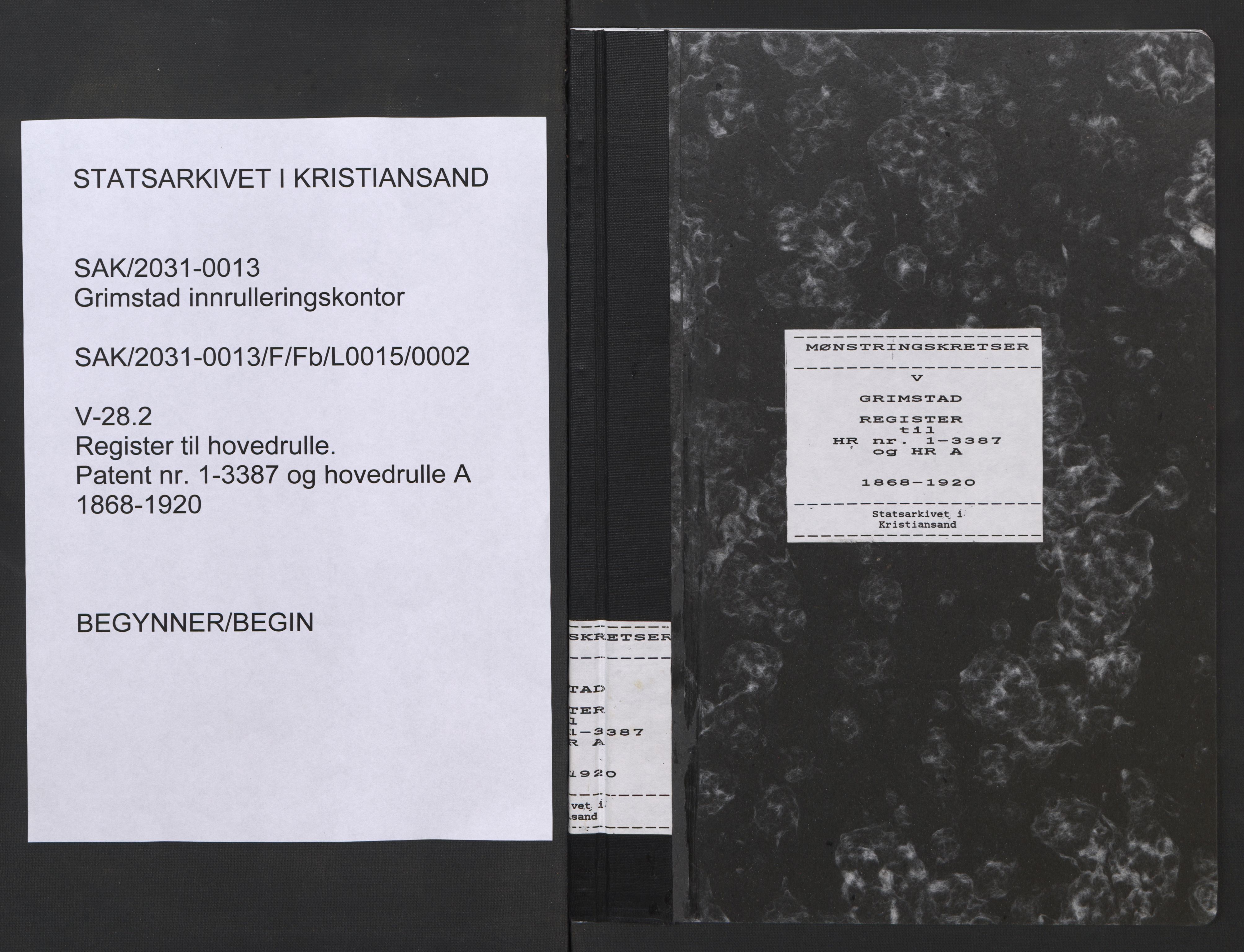 Grimstad mønstringskrets, AV/SAK-2031-0013/F/Fb/L0015/0002: Register til hovedruller og patenter, V-28 / Register til hovedrulle nr 1-3387 og hovedrulle A (brukskopi), 1868-1920, p. 1