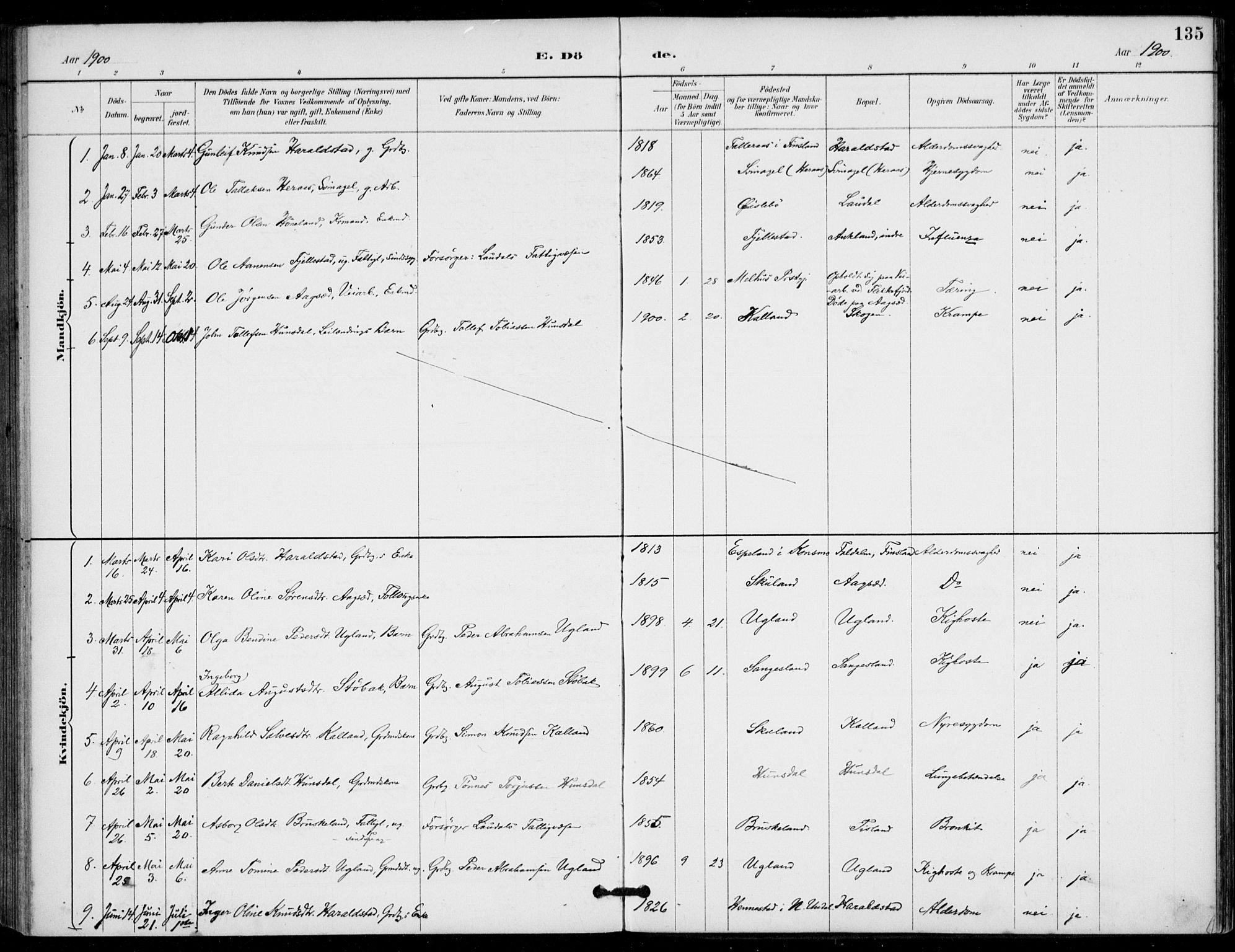 Holum sokneprestkontor, AV/SAK-1111-0022/F/Fa/Fab/L0007: Parish register (official) no. A 7, 1887-1912, p. 135