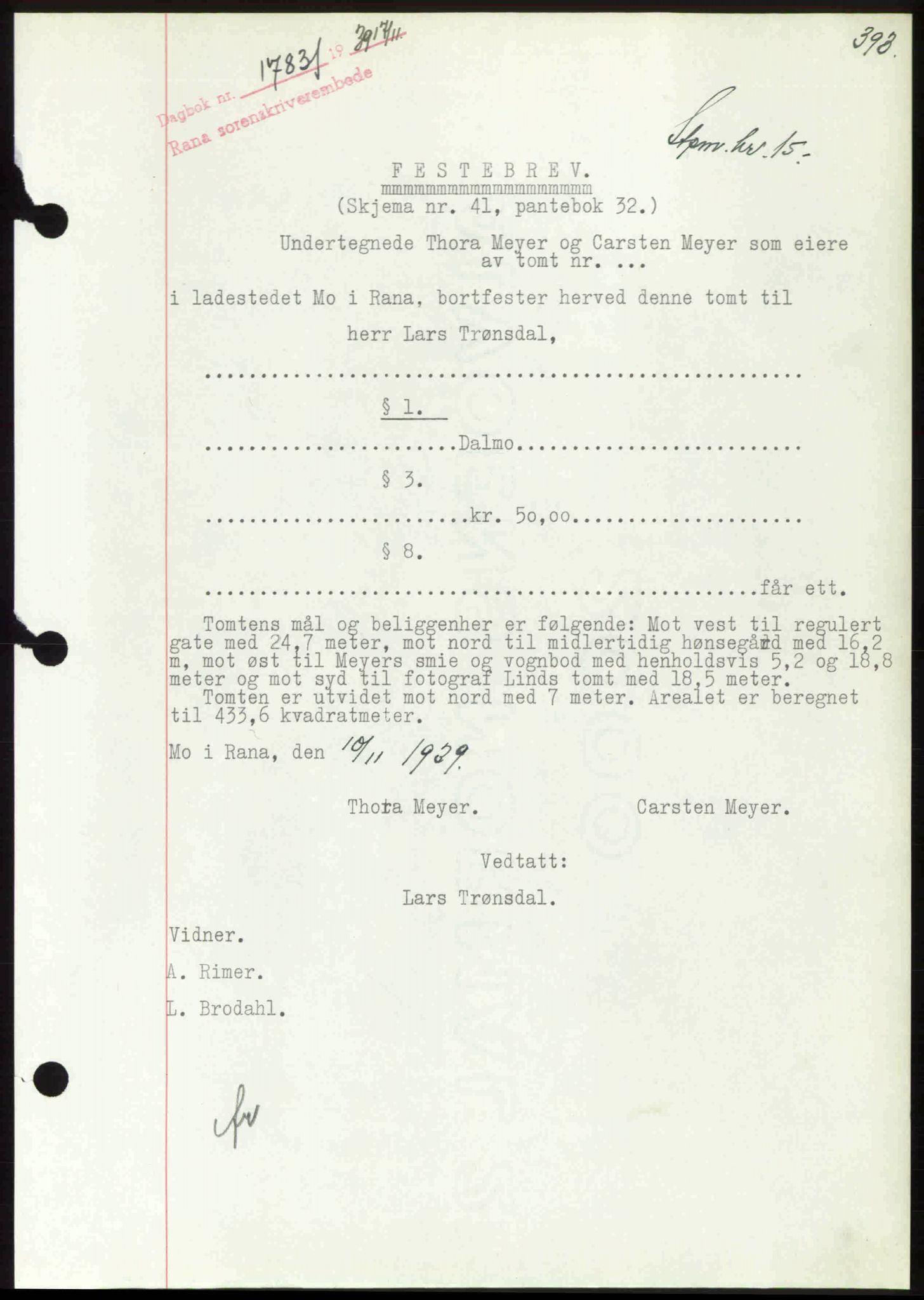Rana sorenskriveri , SAT/A-1108/1/2/2C: Mortgage book no. A 6, 1939-1940, Diary no: : 1783/1939