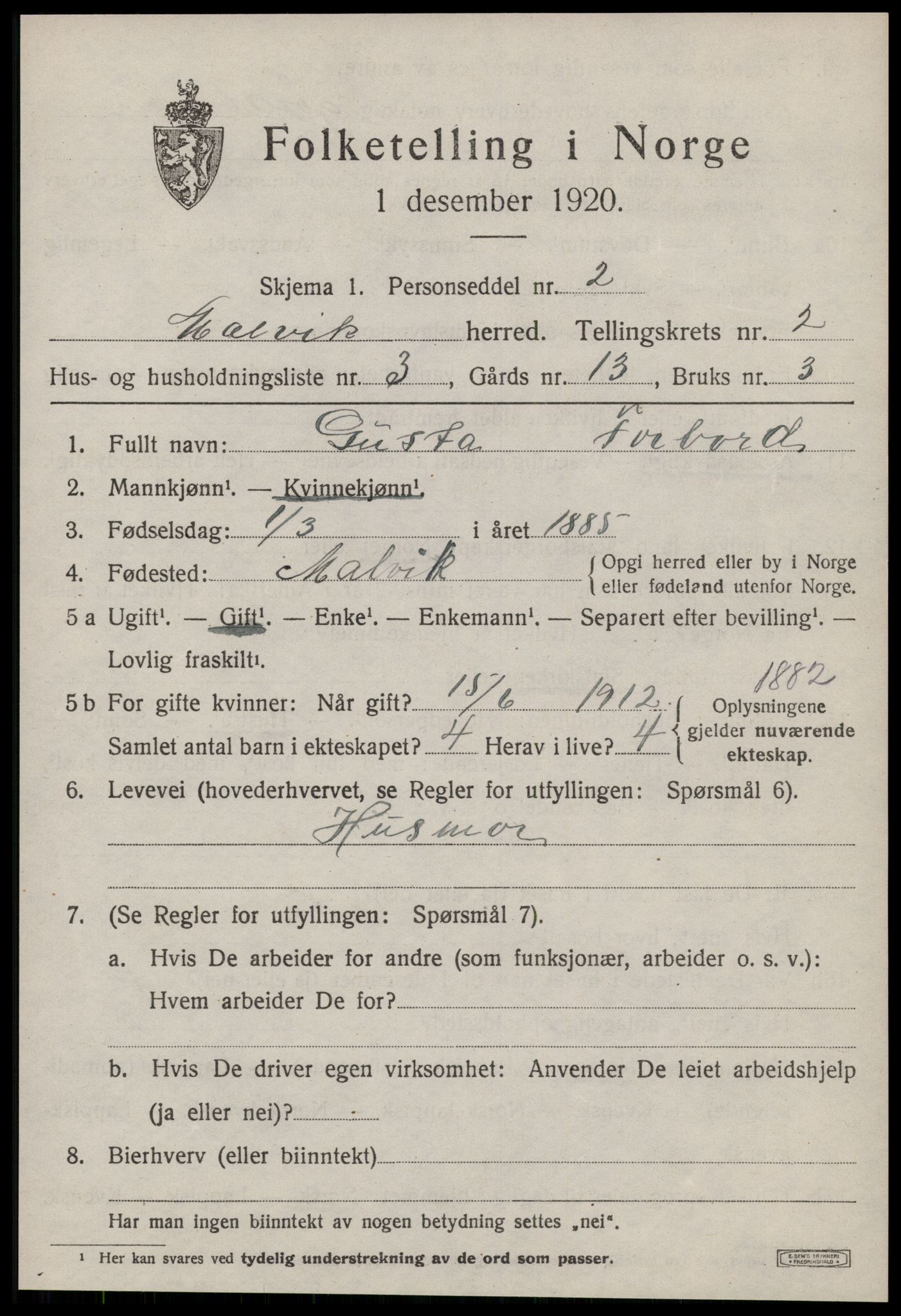 SAT, 1920 census for Malvik, 1920, p. 1858