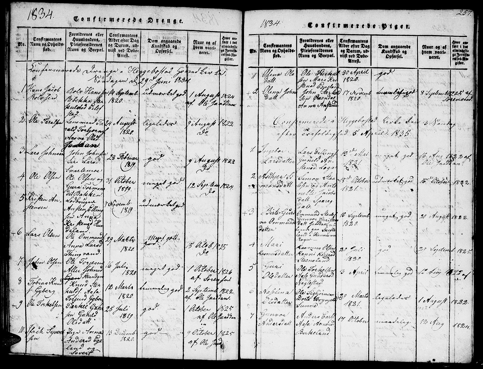 Hægebostad sokneprestkontor, AV/SAK-1111-0024/F/Fb/Fba/L0001: Parish register (copy) no. B 1, 1815-1844, p. 257