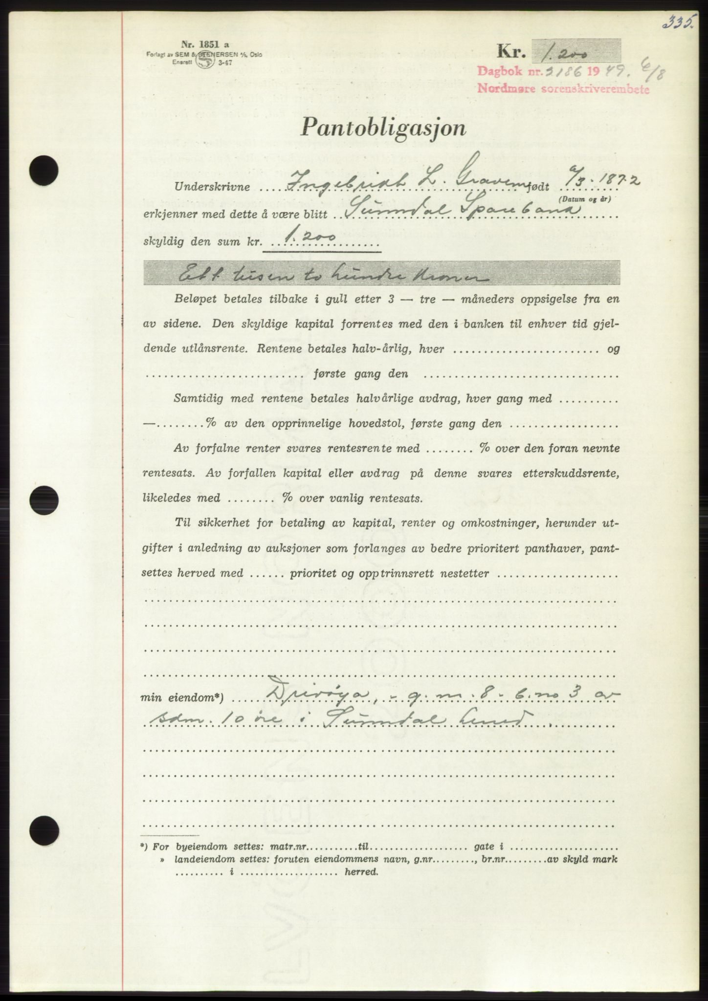 Nordmøre sorenskriveri, AV/SAT-A-4132/1/2/2Ca: Mortgage book no. B102, 1949-1949, Diary no: : 2186/1949