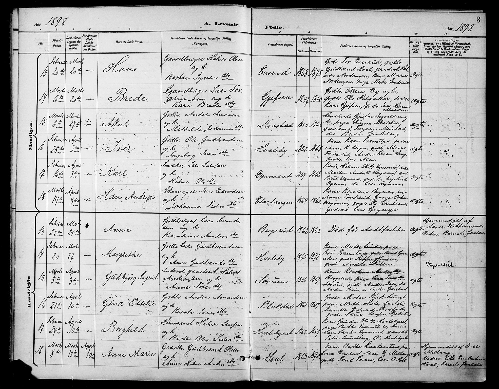 Gran prestekontor, AV/SAH-PREST-112/H/Ha/Haa/L0019: Parish register (official) no. 19, 1898-1907, p. 3