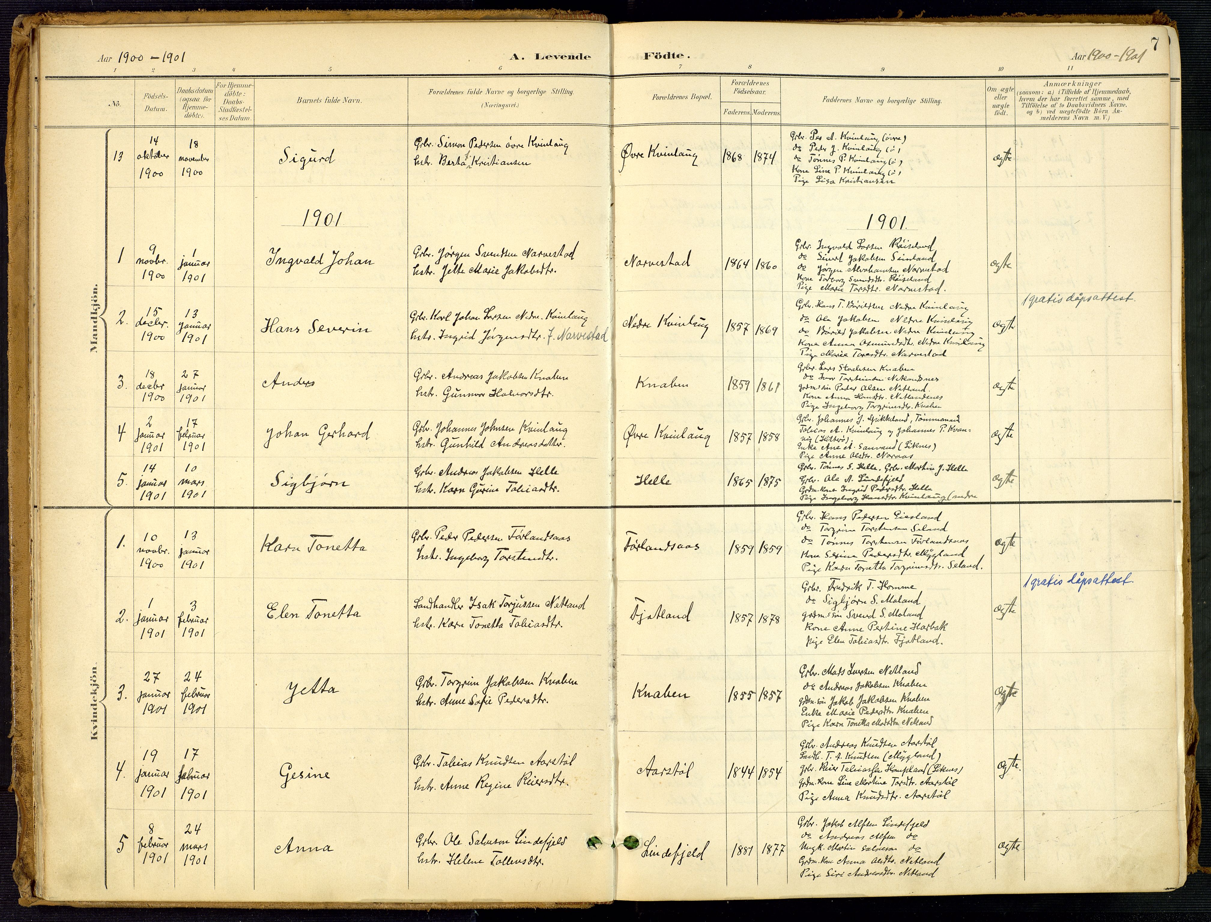 Fjotland sokneprestkontor, SAK/1111-0010/F/Fa/L0003: Parish register (official) no. A 3, 1899-1917, p. 7