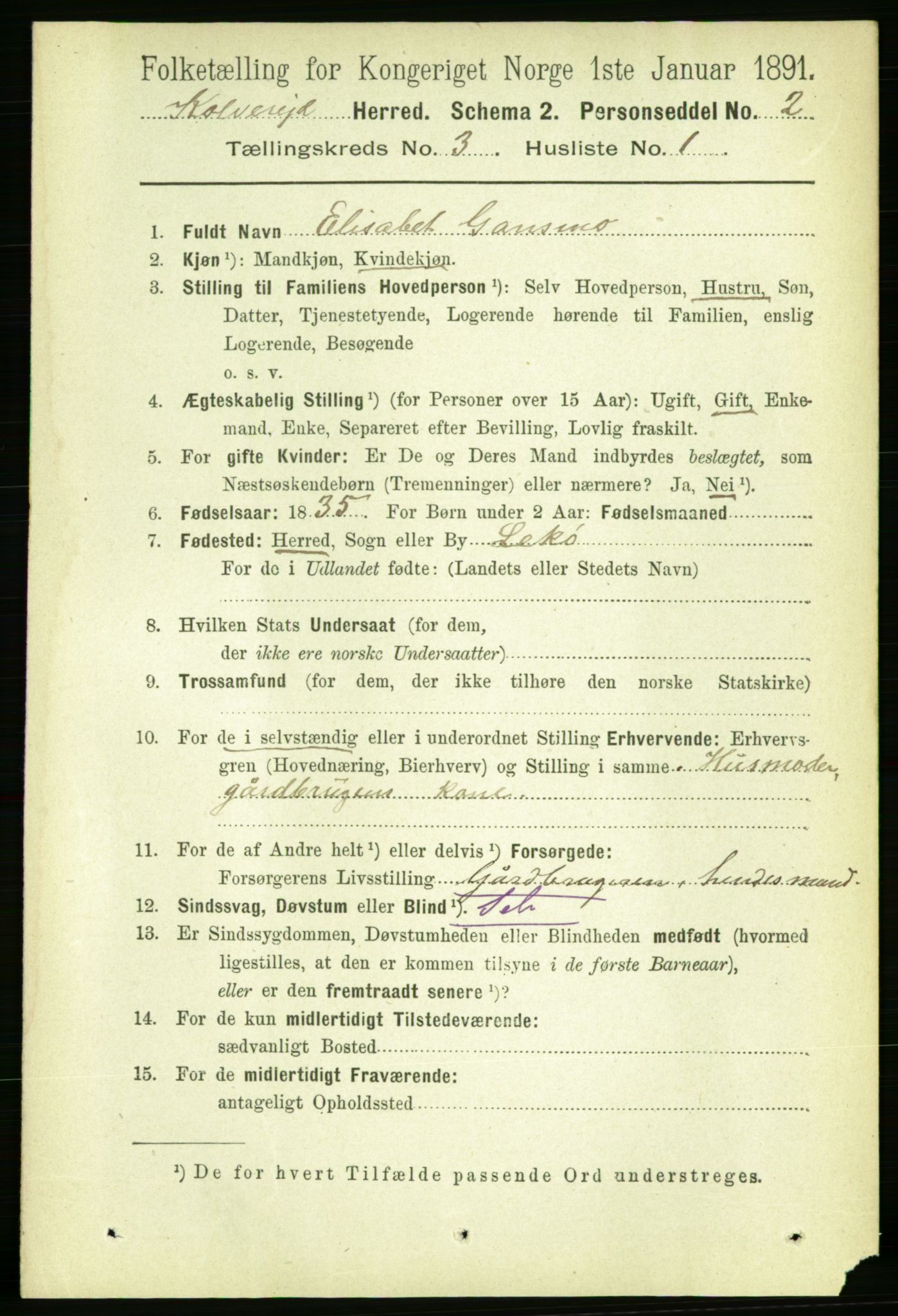 RA, 1891 census for 1752 Kolvereid, 1891, p. 881