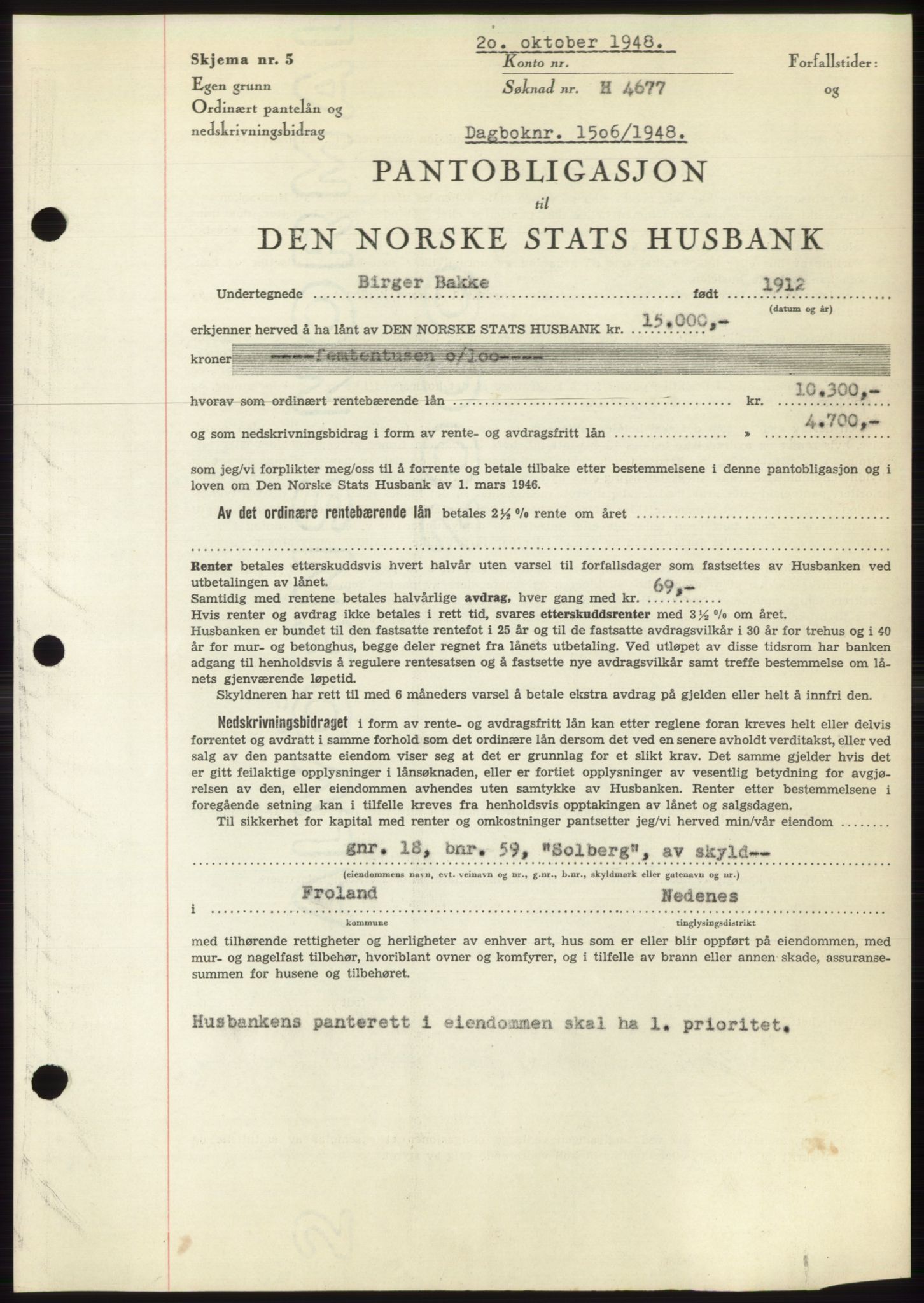 Nedenes sorenskriveri, AV/SAK-1221-0006/G/Gb/Gbb/L0005: Mortgage book no. B5, 1948-1948, Diary no: : 1506/1948