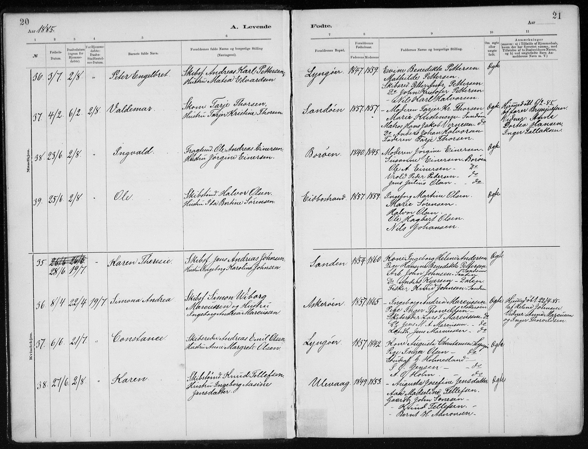 Dypvåg sokneprestkontor, AV/SAK-1111-0007/F/Fa/Faa/L0008: Parish register (official) no. A 8, 1885-1906, p. 20-21