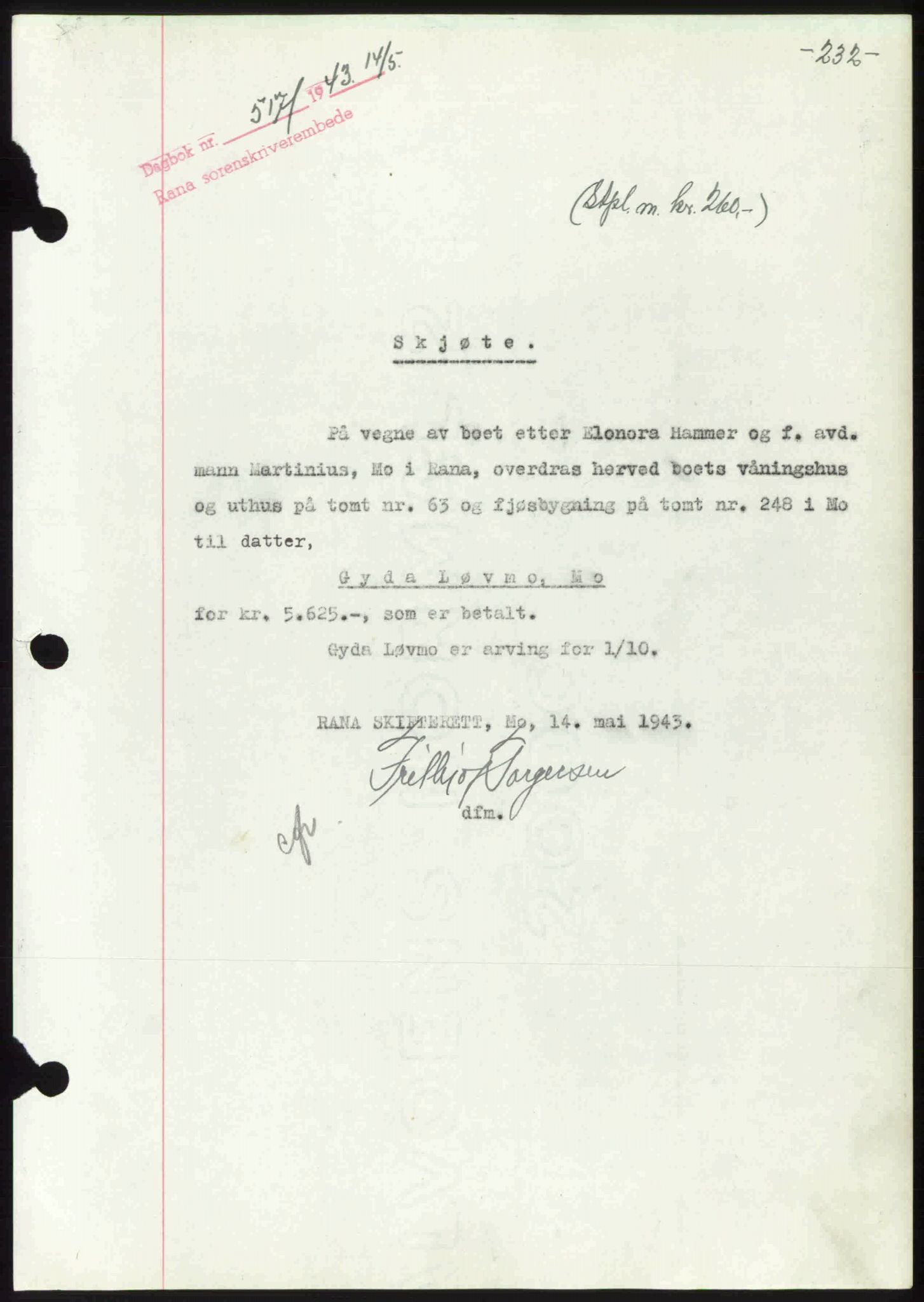 Rana sorenskriveri , AV/SAT-A-1108/1/2/2C: Mortgage book no. A 10, 1942-1943, Diary no: : 517/1943