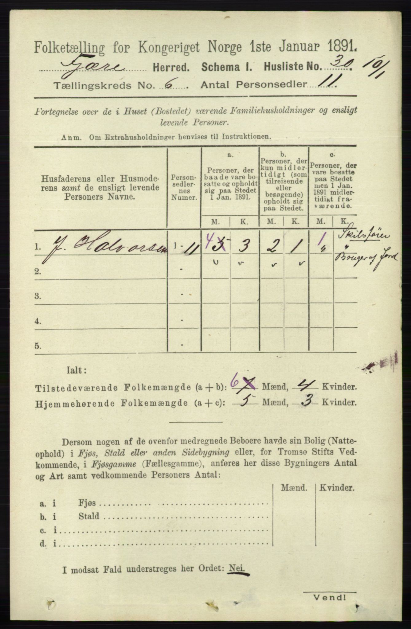 RA, 1891 census for 0923 Fjære, 1891, p. 2956