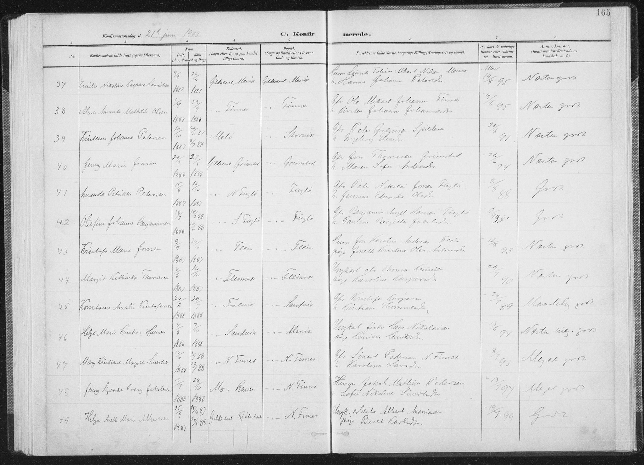 Ministerialprotokoller, klokkerbøker og fødselsregistre - Nordland, AV/SAT-A-1459/805/L0102: Parish register (official) no. 805A08I, 1900-1909, p. 165