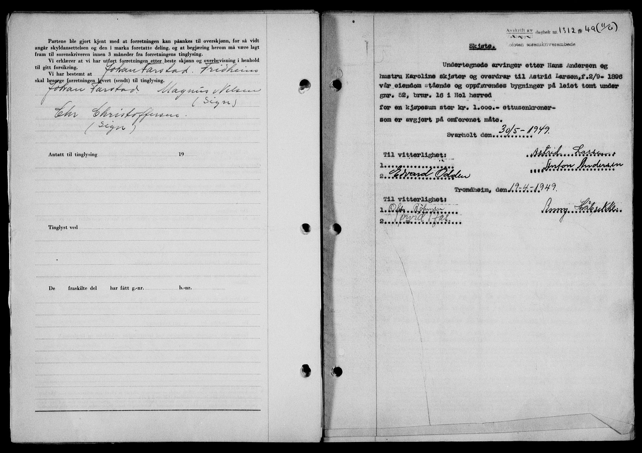 Lofoten sorenskriveri, SAT/A-0017/1/2/2C/L0021a: Mortgage book no. 21a, 1949-1949, Diary no: : 1312/1949