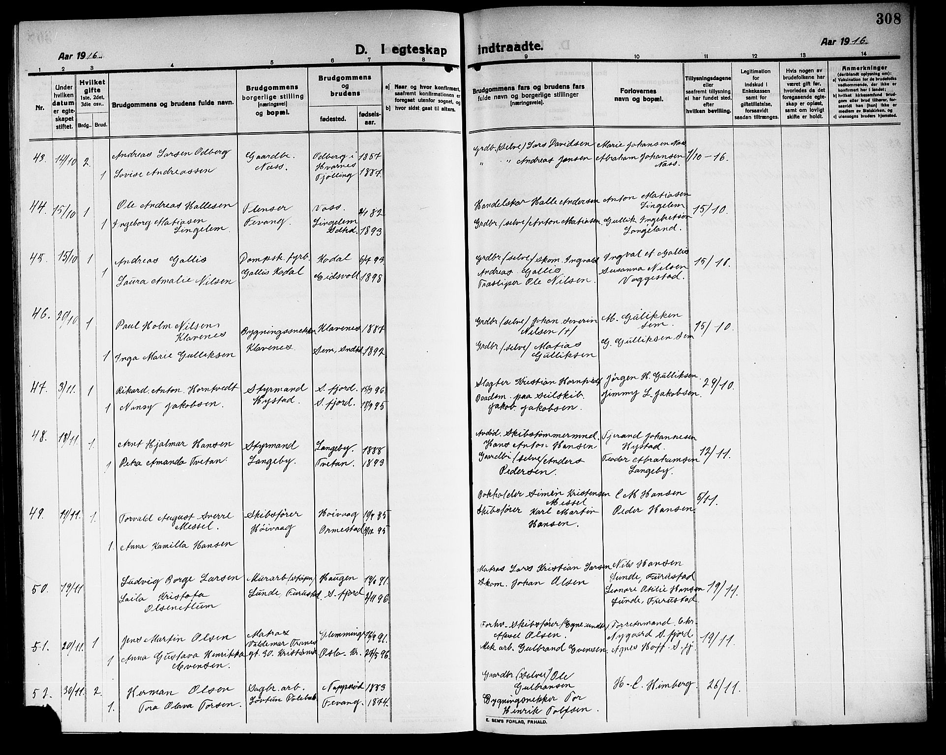 Sandar kirkebøker, AV/SAKO-A-243/G/Ga/L0003: Parish register (copy) no. 3, 1916-1922, p. 308