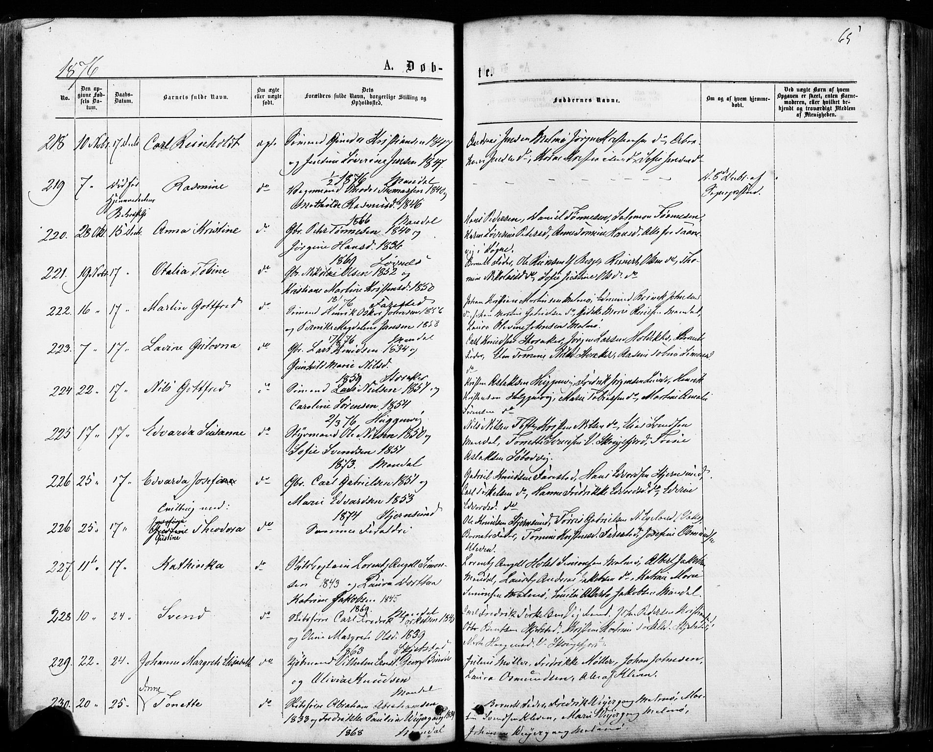 Mandal sokneprestkontor, AV/SAK-1111-0030/F/Fa/Faa/L0015: Parish register (official) no. A 15, 1873-1879, p. 65