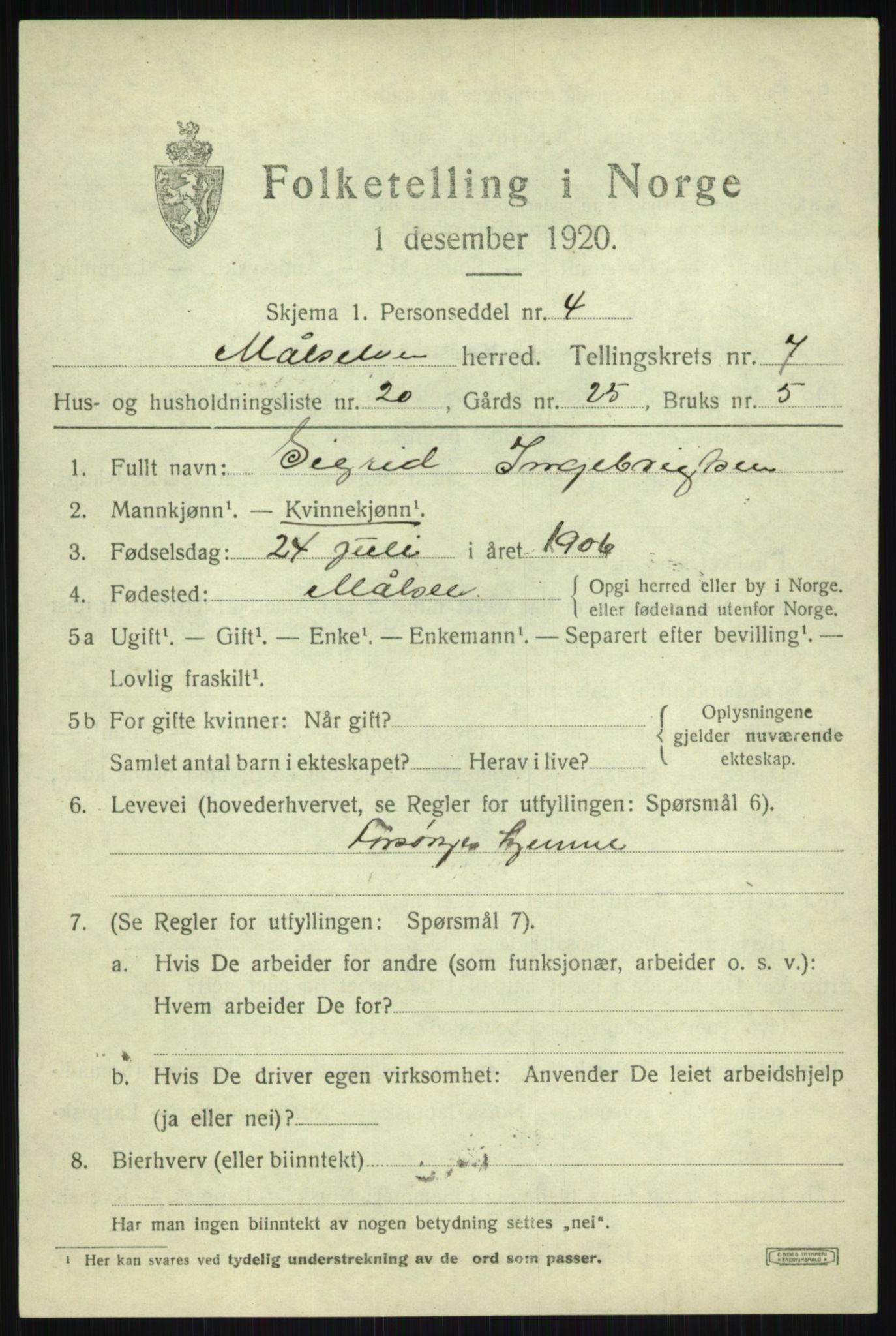 SATØ, 1920 census for Målselv, 1920, p. 4453