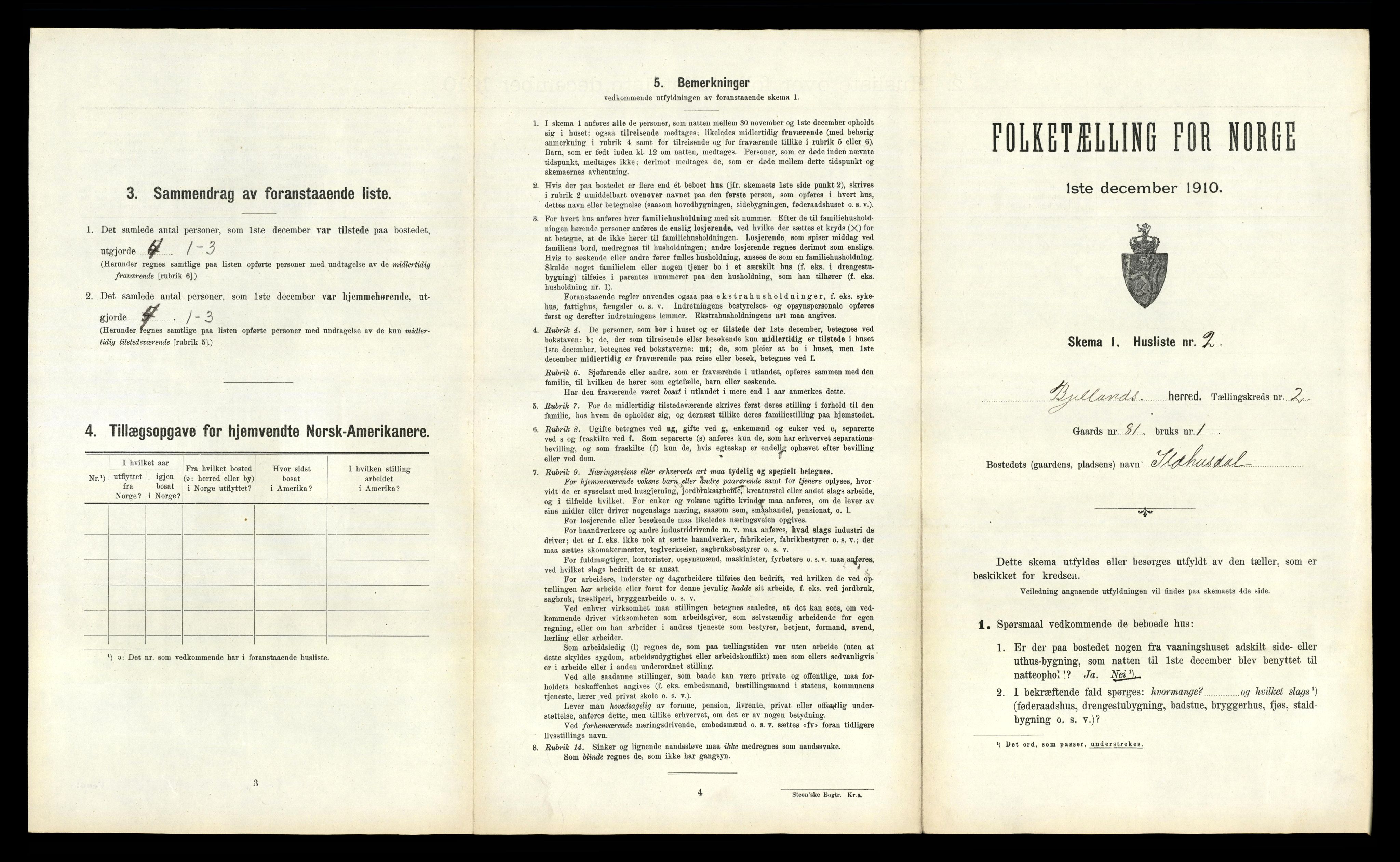 RA, 1910 census for Bjelland, 1910, p. 100