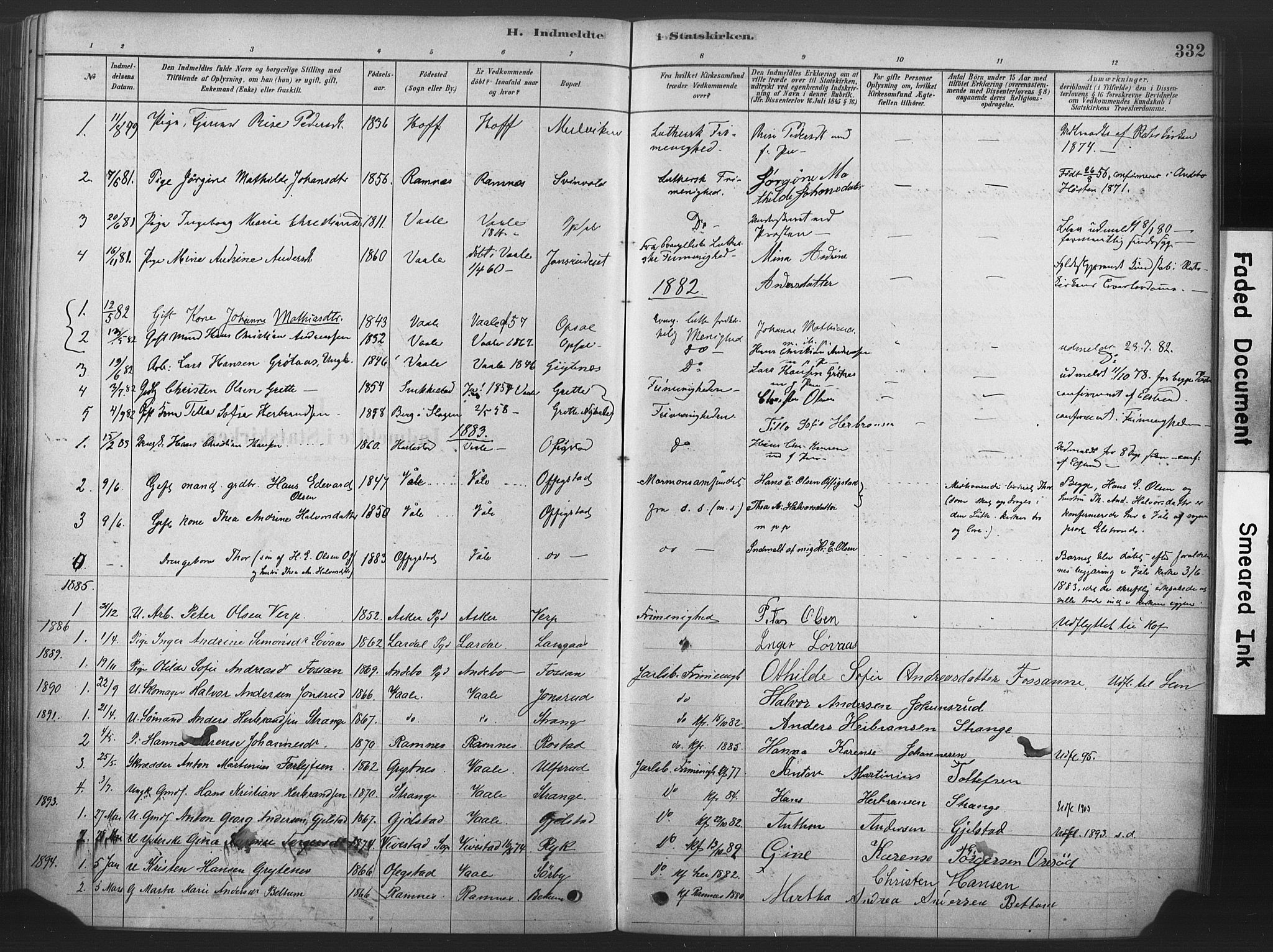 Våle kirkebøker, SAKO/A-334/F/Fa/L0011: Parish register (official) no. I 11, 1878-1906, p. 332