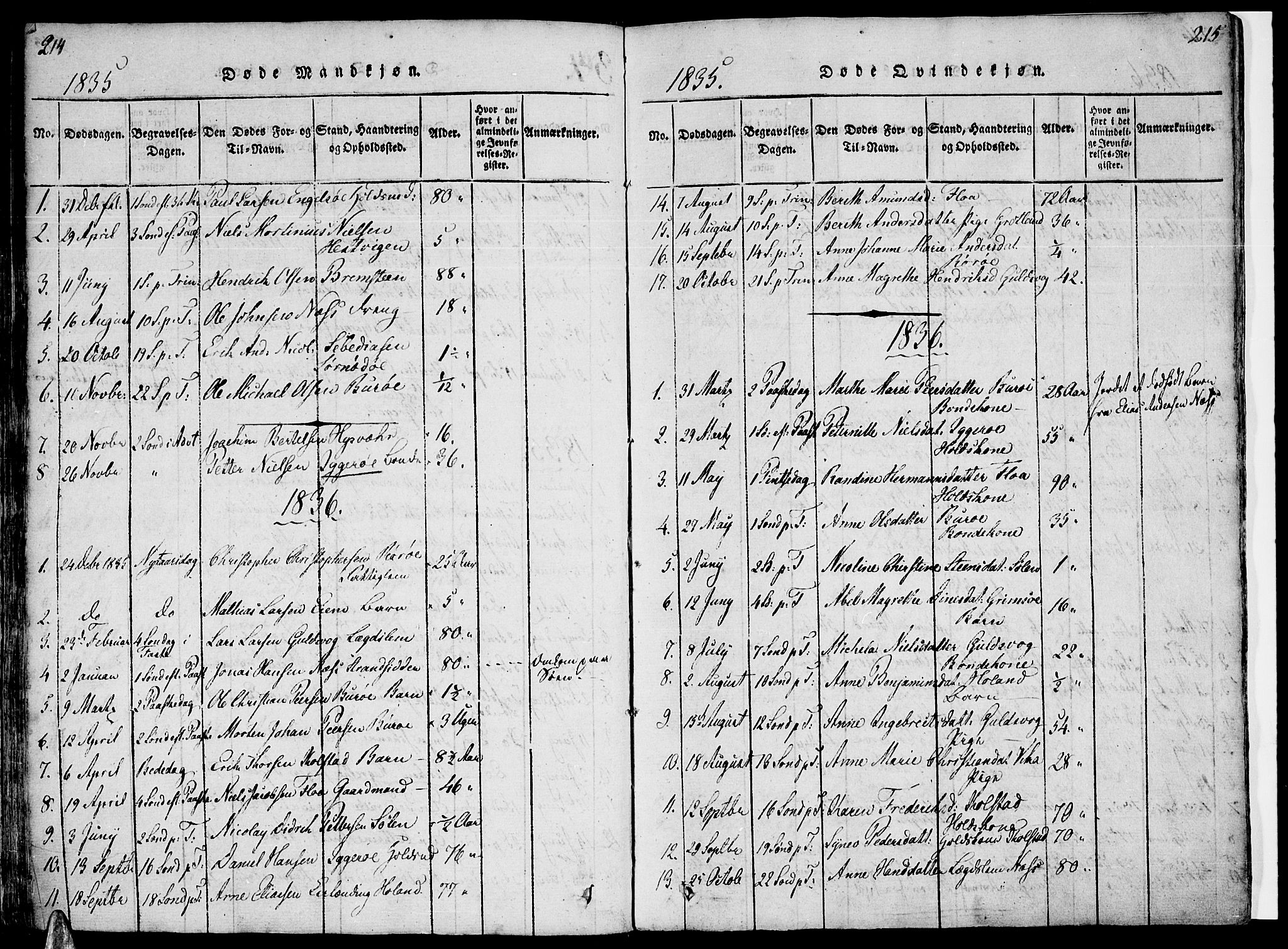 Ministerialprotokoller, klokkerbøker og fødselsregistre - Nordland, AV/SAT-A-1459/816/L0239: Parish register (official) no. 816A05, 1820-1845, p. 214-215