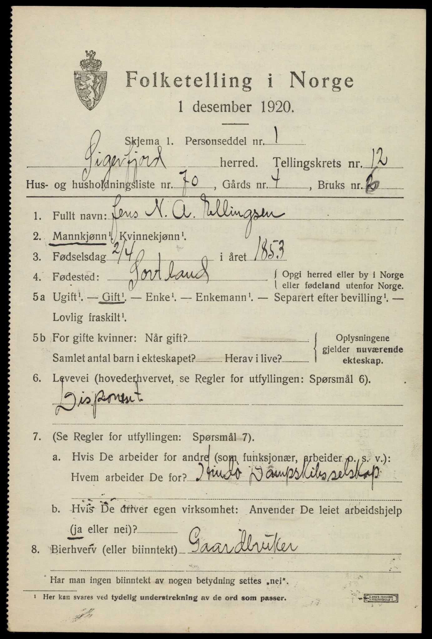 SAT, 1920 census for Sortland, 1920, p. 9926