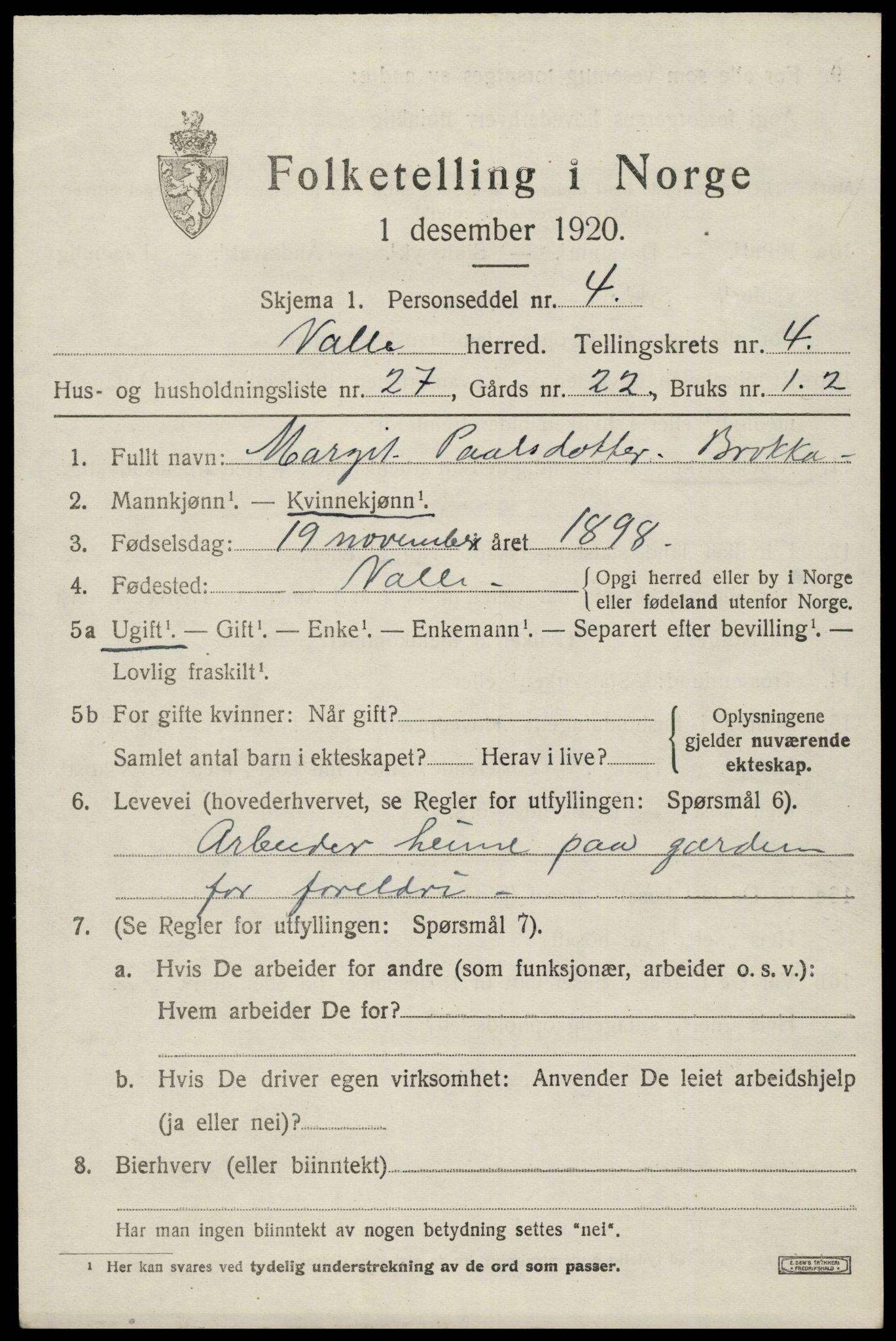 SAK, 1920 census for Valle, 1920, p. 2283