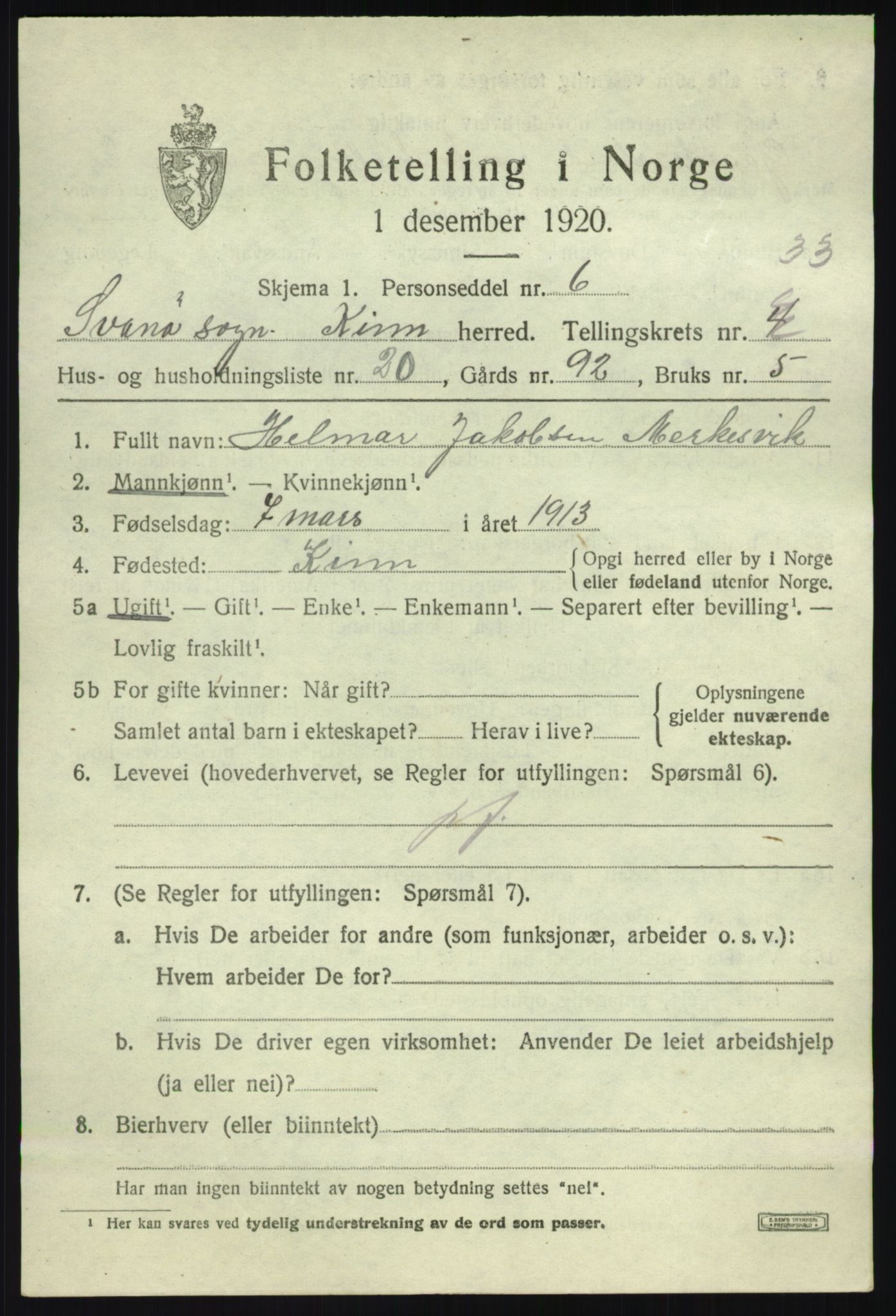 SAB, 1920 census for Kinn, 1920, p. 11127