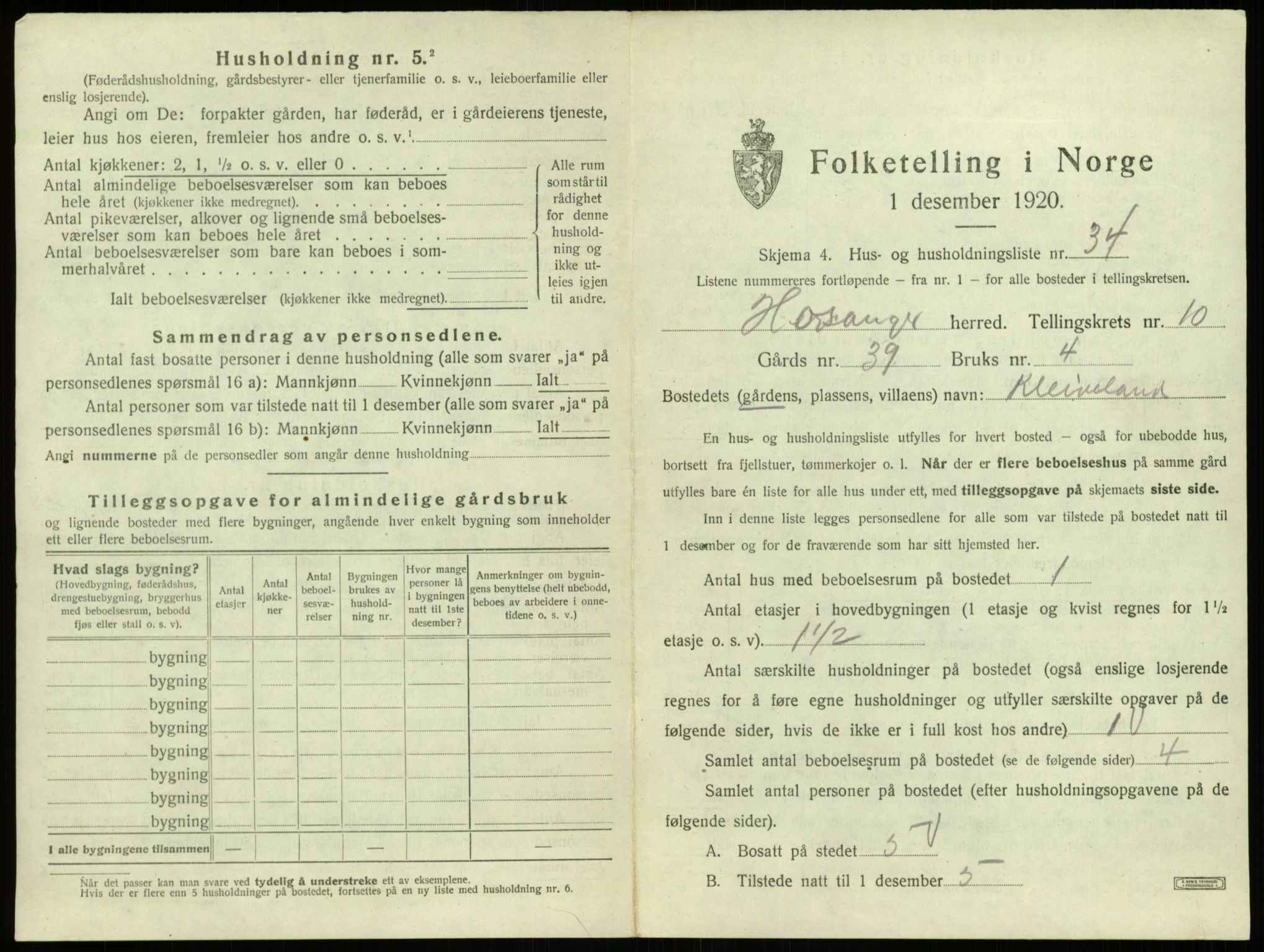 SAB, 1920 census for Hosanger, 1920, p. 604