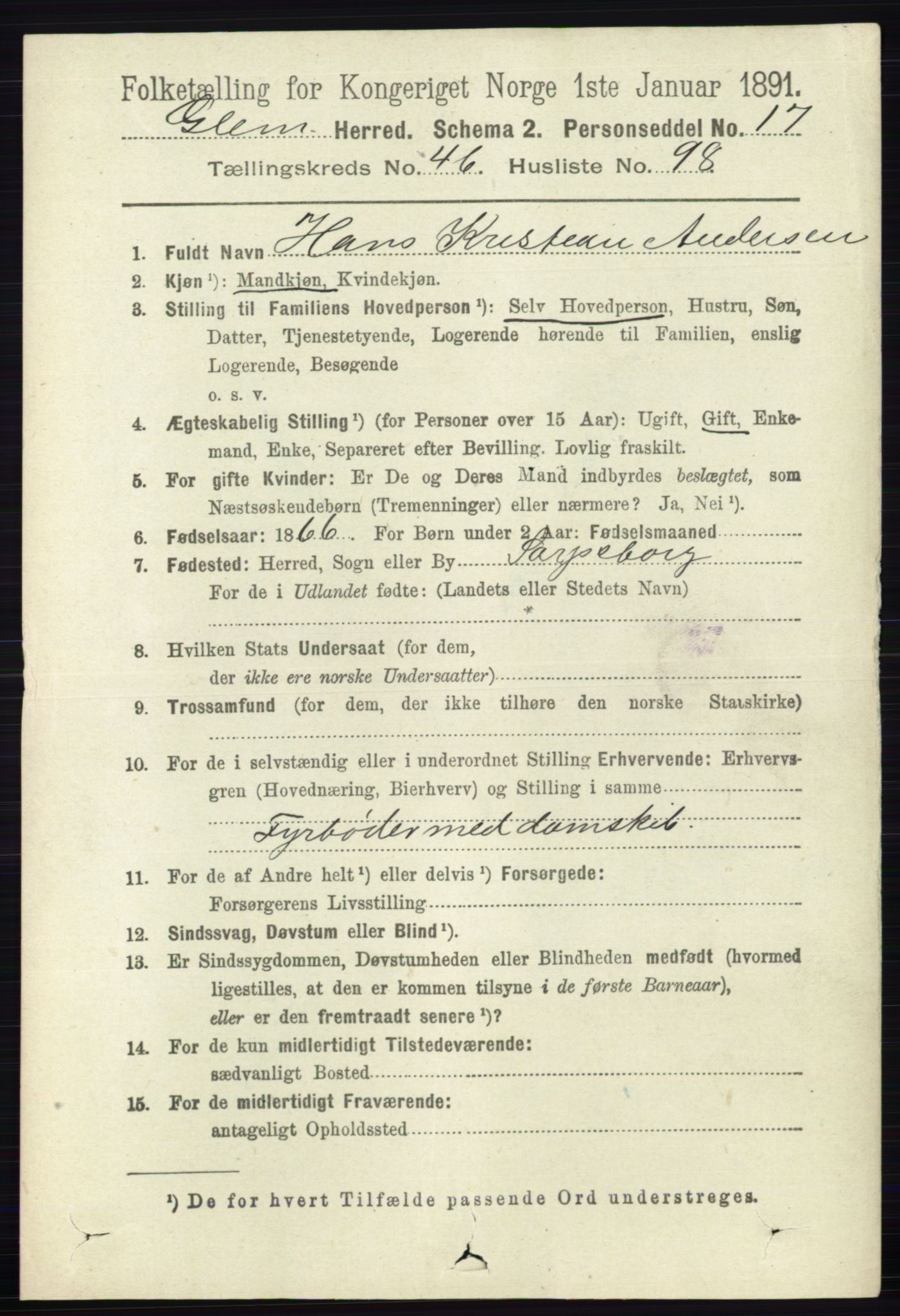 RA, 1891 census for 0132 Glemmen, 1891, p. 5893