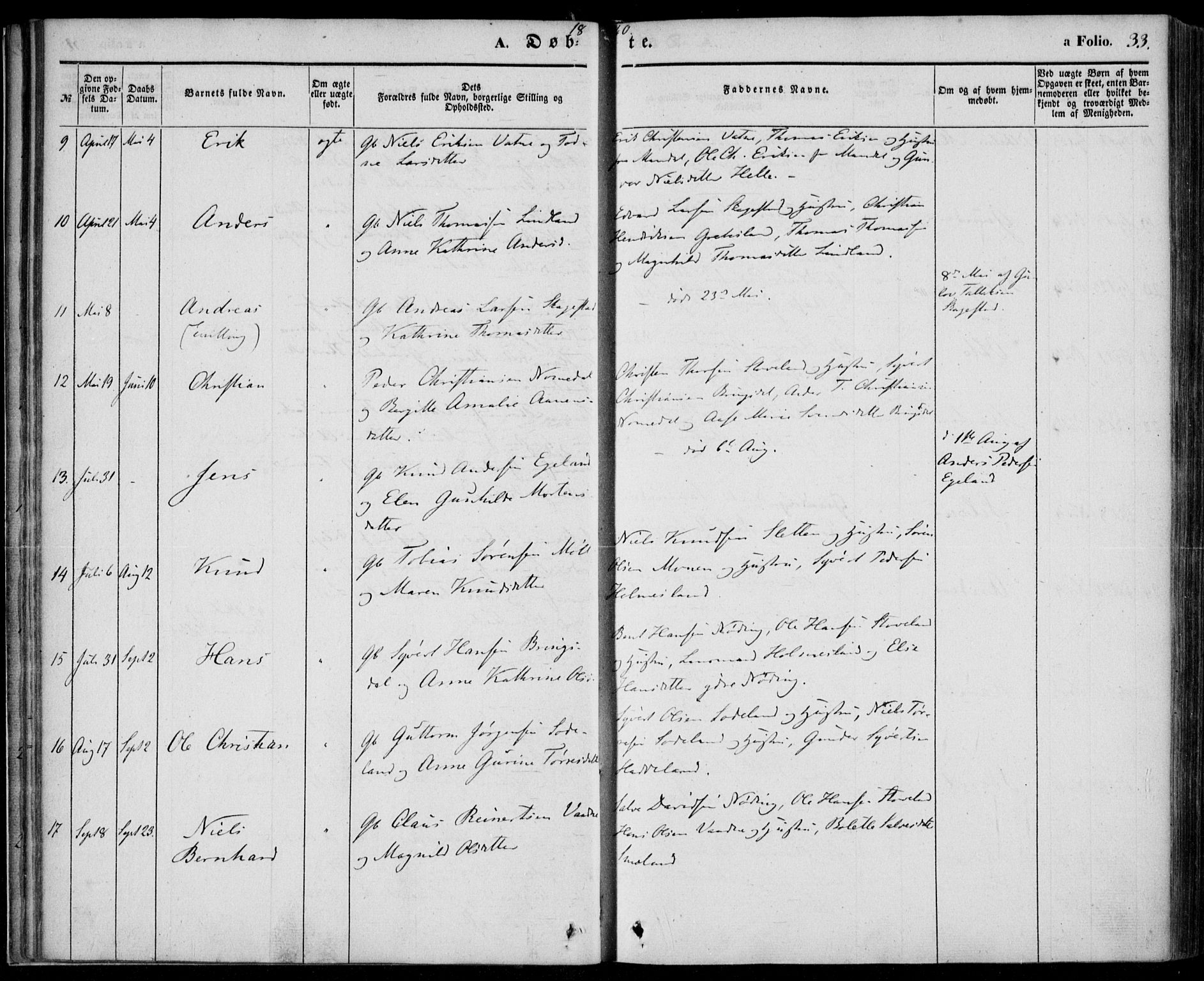 Holum sokneprestkontor, AV/SAK-1111-0022/F/Fa/Faa/L0005: Parish register (official) no. A 5, 1850-1864, p. 33