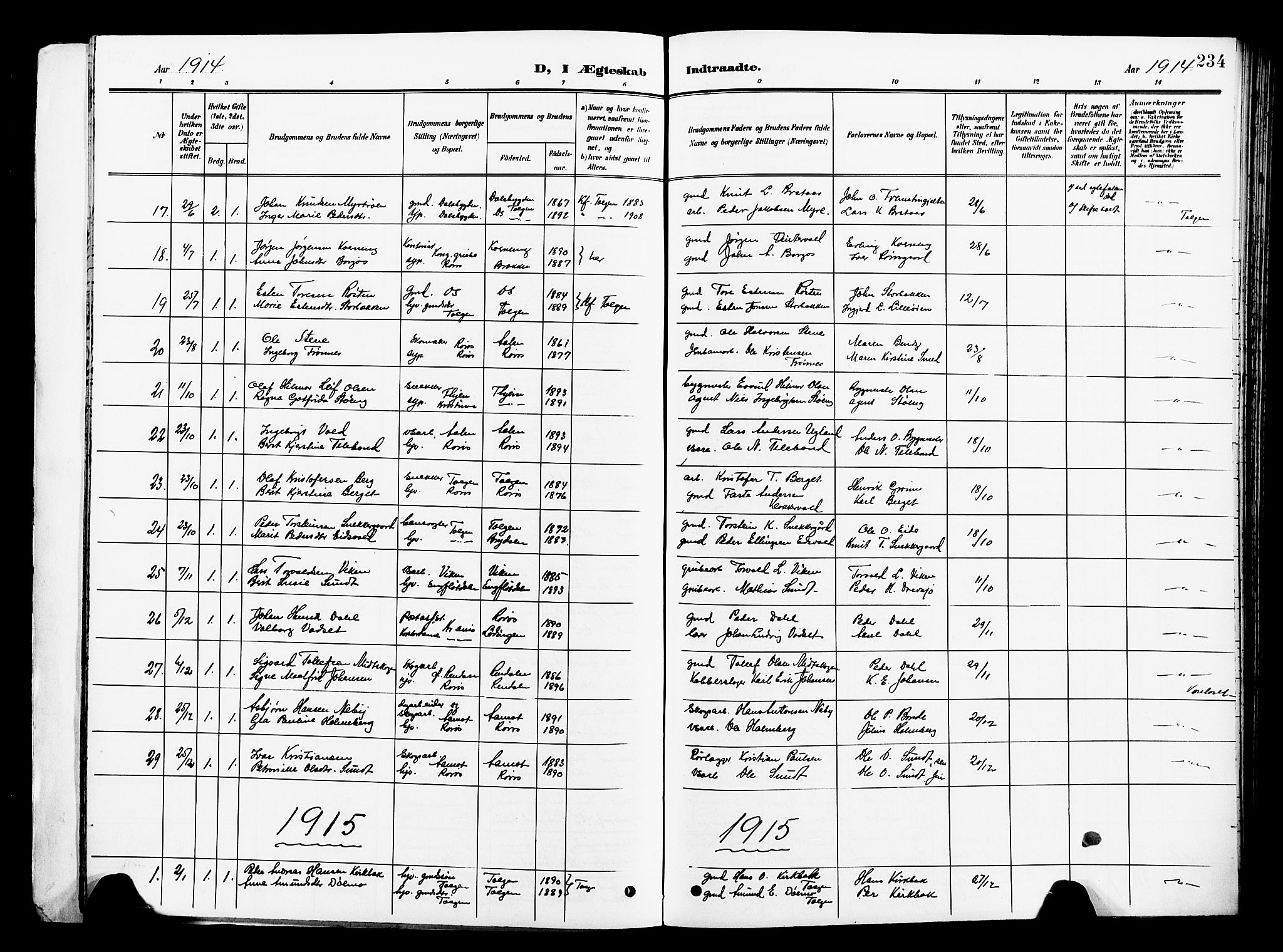 Ministerialprotokoller, klokkerbøker og fødselsregistre - Sør-Trøndelag, SAT/A-1456/681/L0942: Parish register (copy) no. 681C06, 1906-1925, p. 234