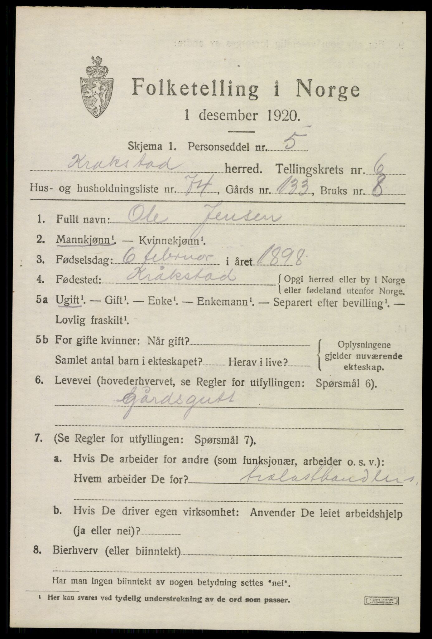 SAO, 1920 census for Kråkstad, 1920, p. 6881