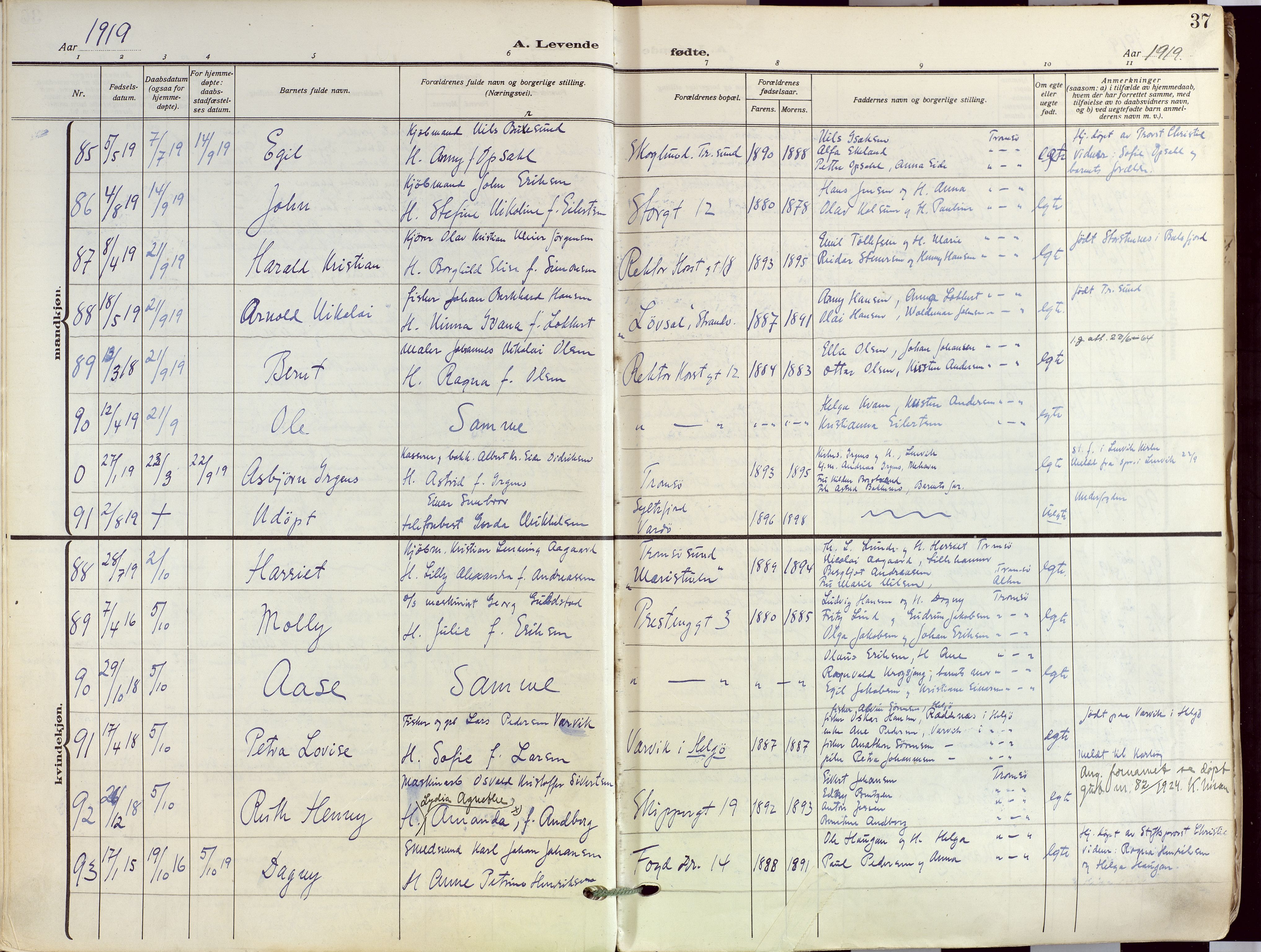 Tromsø sokneprestkontor/stiftsprosti/domprosti, AV/SATØ-S-1343/G/Ga/L0019kirke: Parish register (official) no. 19, 1917-1927, p. 37