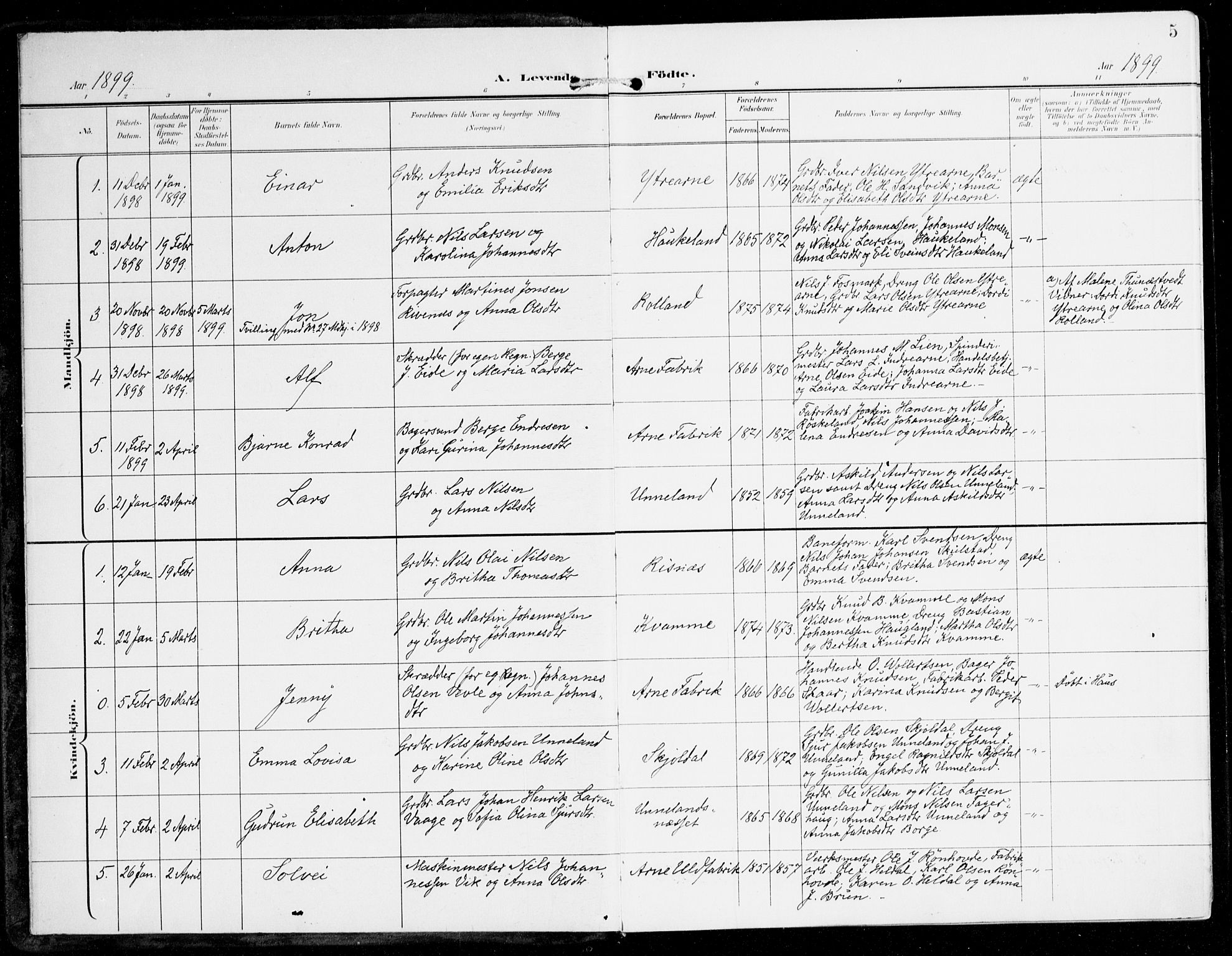 Haus sokneprestembete, AV/SAB-A-75601/H/Haa: Parish register (official) no. D 2, 1899-1912, p. 5