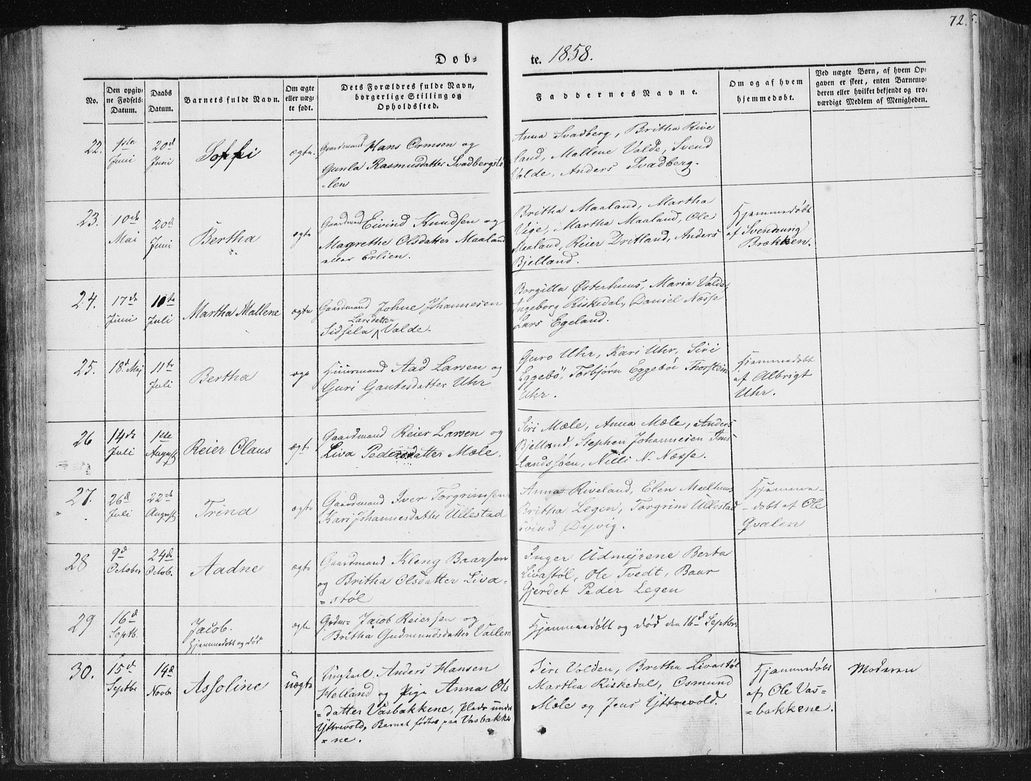 Hjelmeland sokneprestkontor, AV/SAST-A-101843/01/IV/L0008: Parish register (official) no. A 8, 1842-1861, p. 72