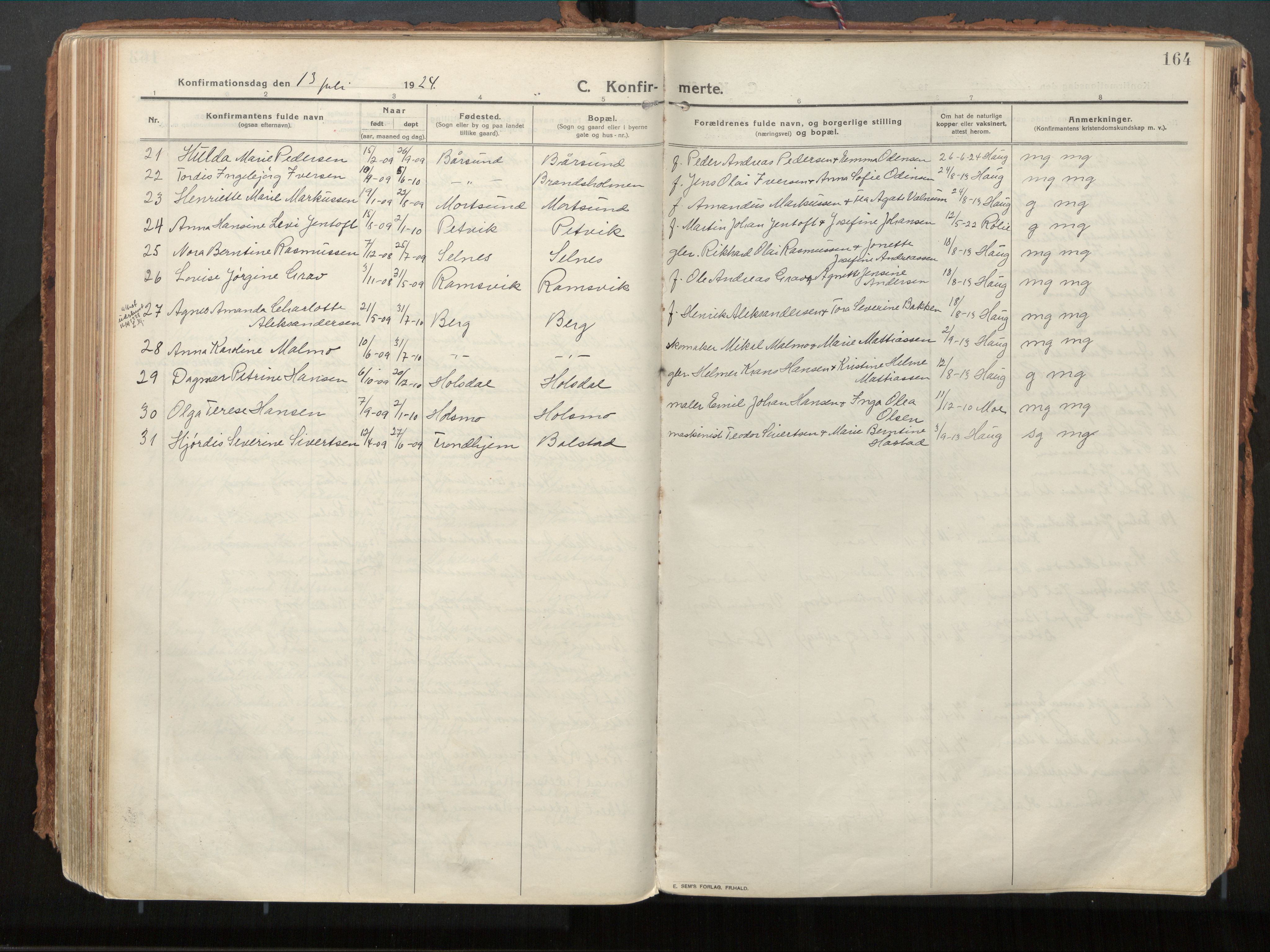 Ministerialprotokoller, klokkerbøker og fødselsregistre - Nordland, AV/SAT-A-1459/882/L1181: Parish register (official) no. 882A03, 1913-1937, p. 164