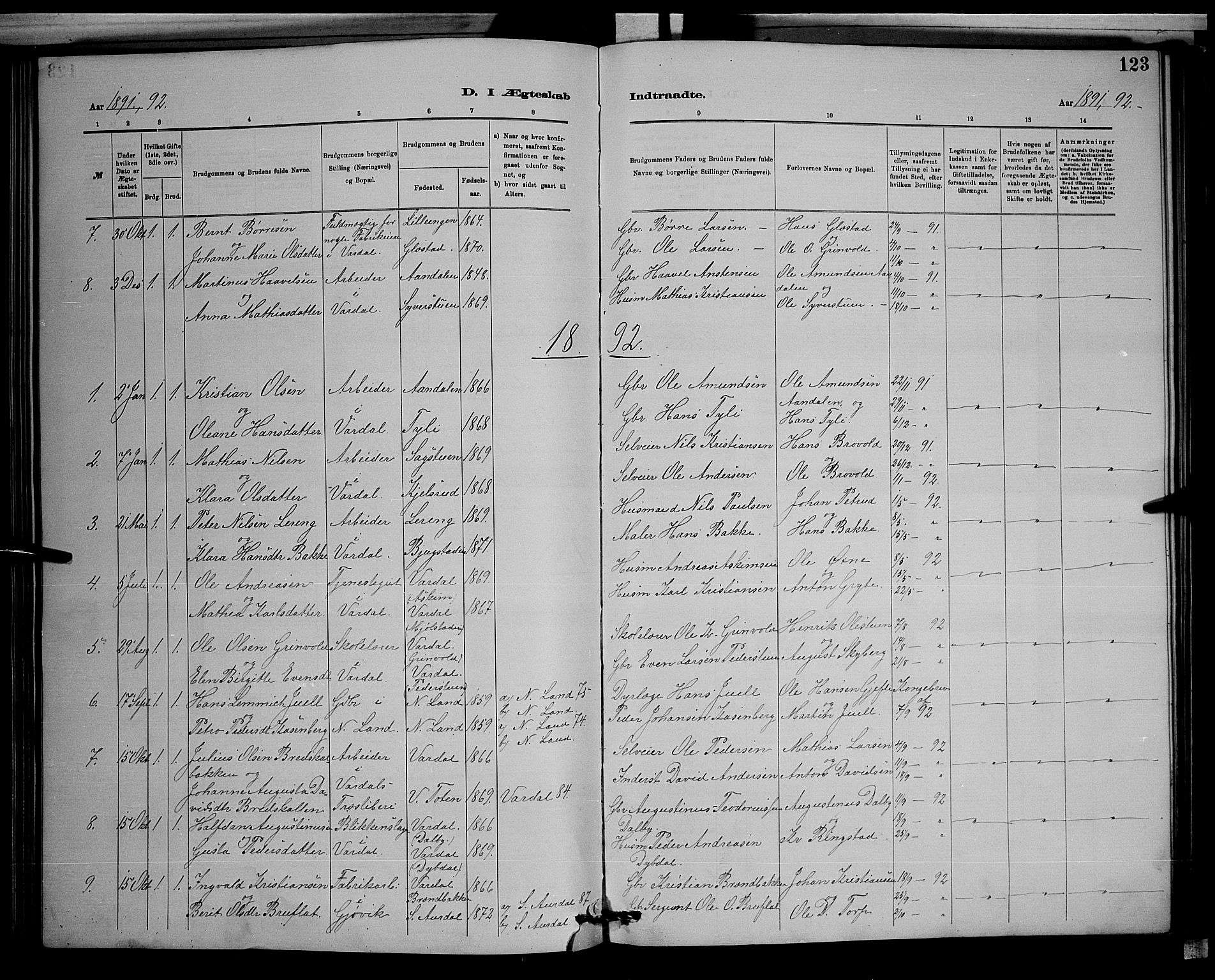 Vardal prestekontor, SAH/PREST-100/H/Ha/Hab/L0008: Parish register (copy) no. 8, 1881-1898, p. 123