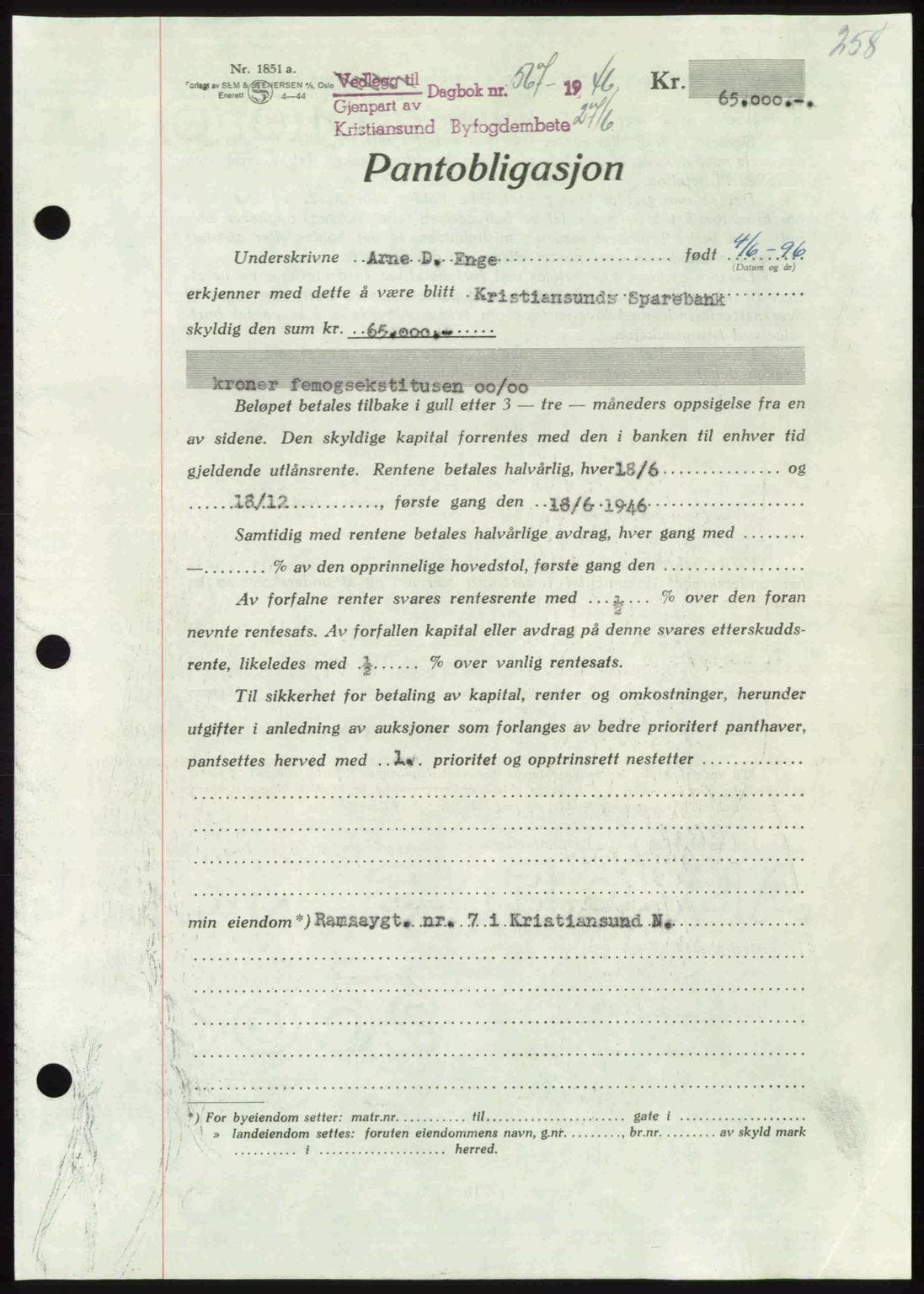 Kristiansund byfogd, AV/SAT-A-4587/A/27: Mortgage book no. 40, 1946-1946, Diary no: : 567/1946