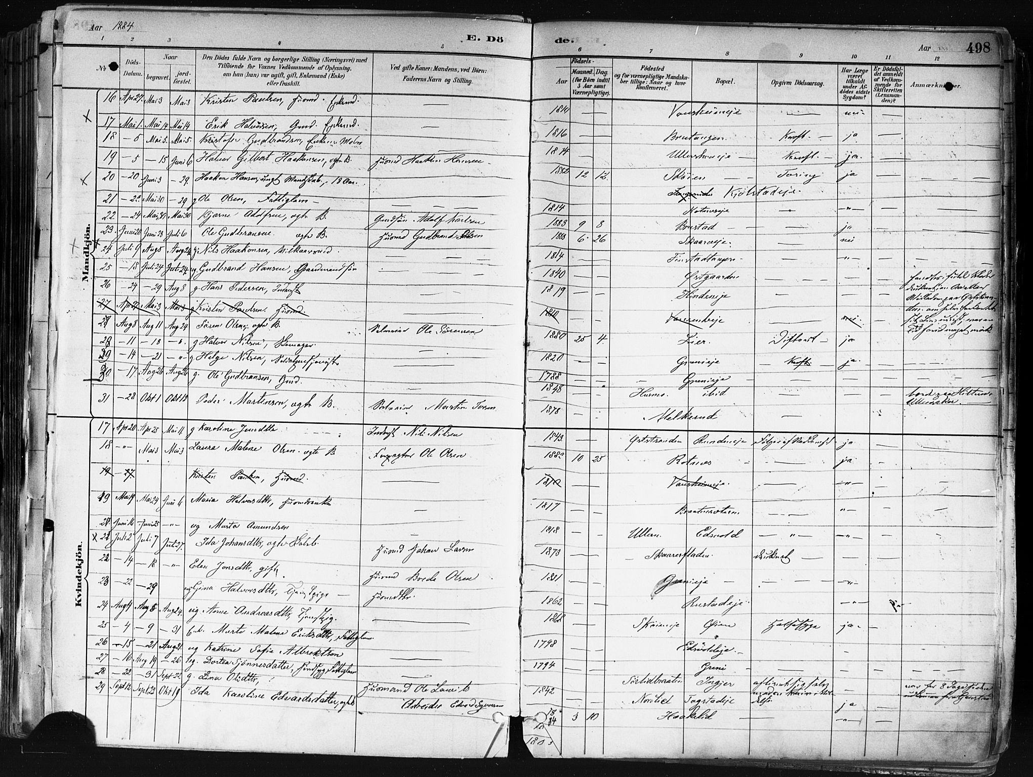 Nes prestekontor Kirkebøker, AV/SAO-A-10410/F/Fa/L0010: Parish register (official) no. I 10, 1883-1898, p. 498