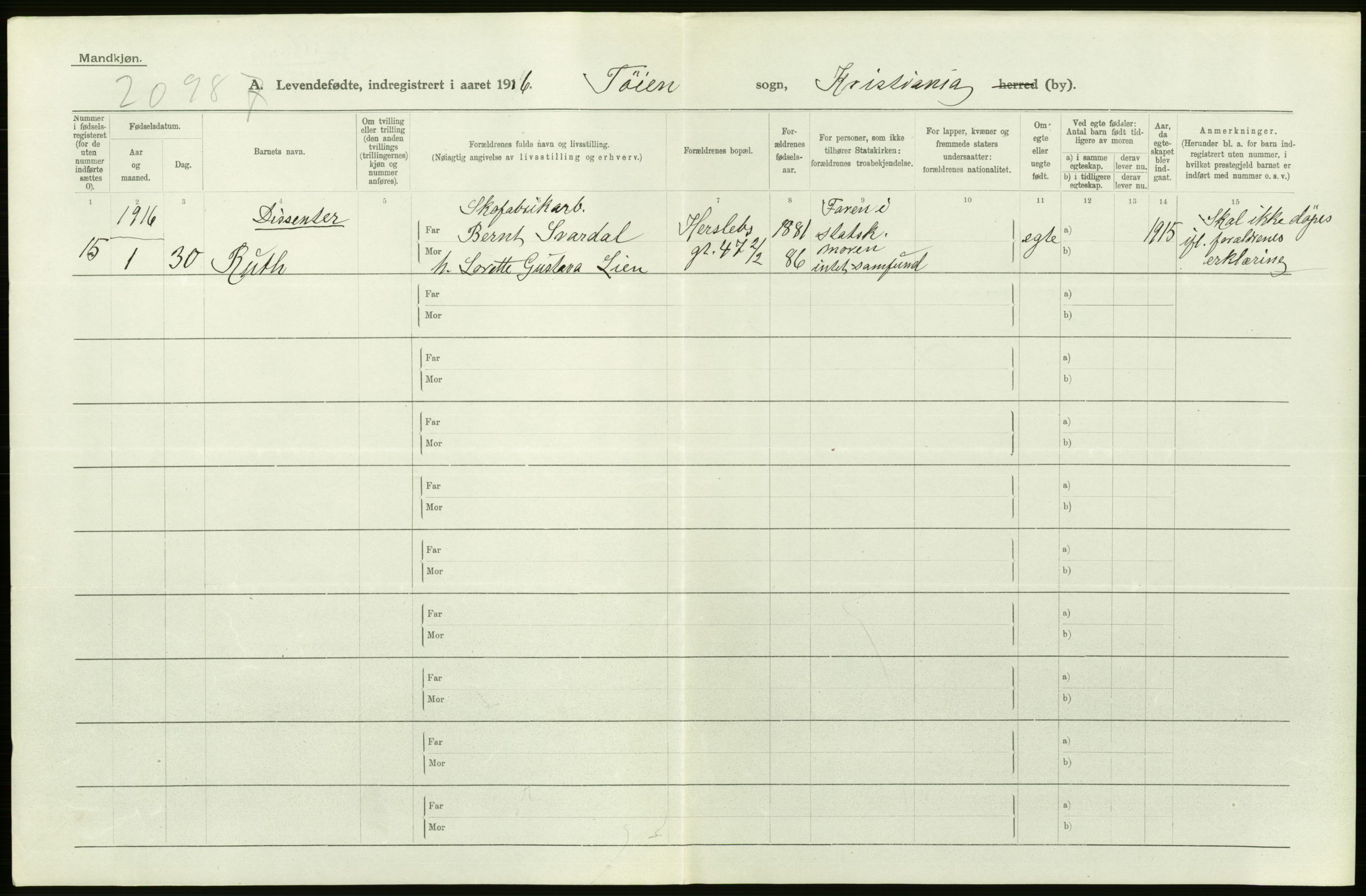 Statistisk sentralbyrå, Sosiodemografiske emner, Befolkning, AV/RA-S-2228/D/Df/Dfb/Dfbf/L0007: Kristiania: Levendefødte menn og kvinner., 1916, p. 446