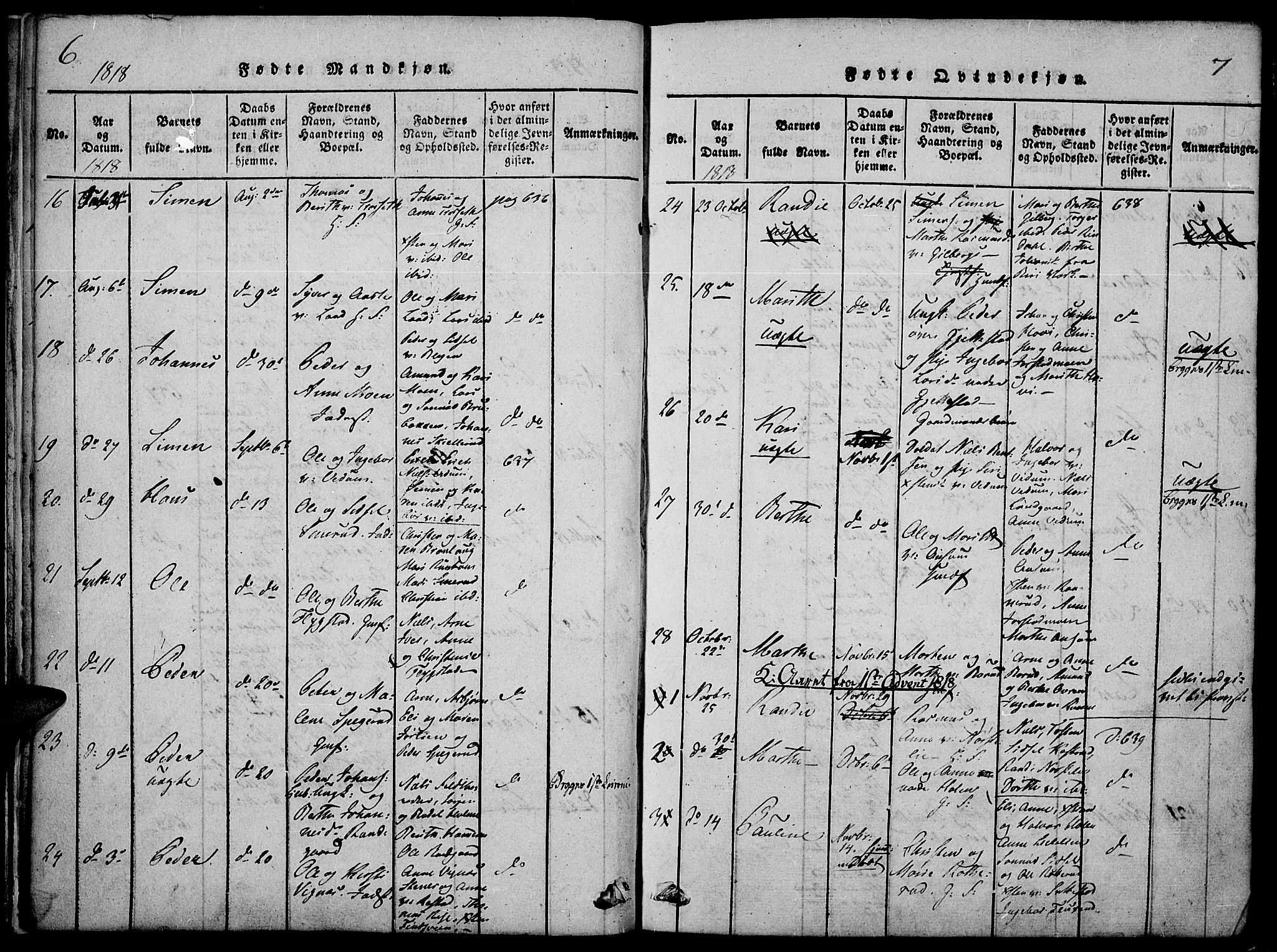 Fåberg prestekontor, SAH/PREST-086/H/Ha/Haa/L0003: Parish register (official) no. 3, 1818-1833, p. 6-7