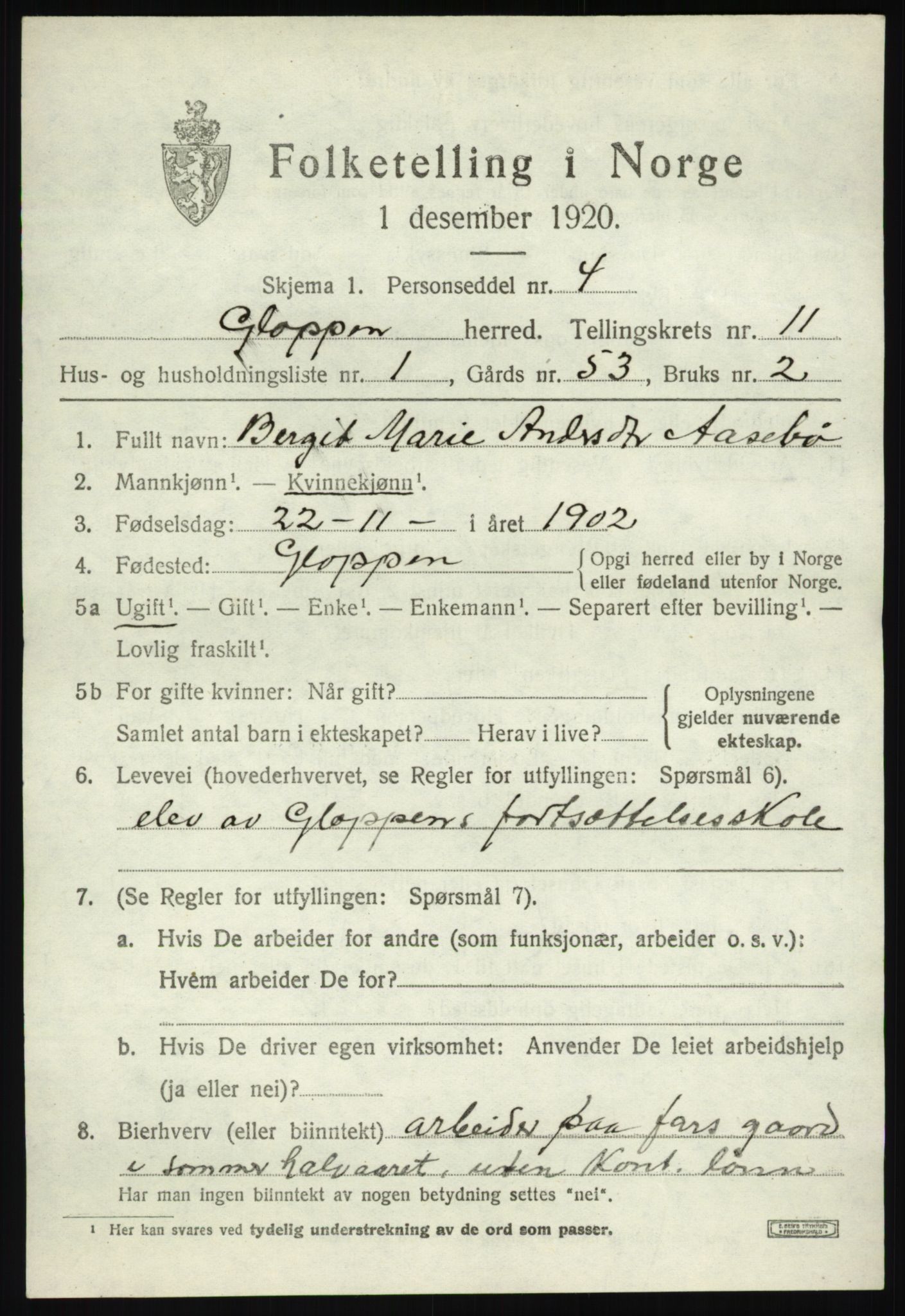 SAB, 1920 census for Gloppen, 1920, p. 5480