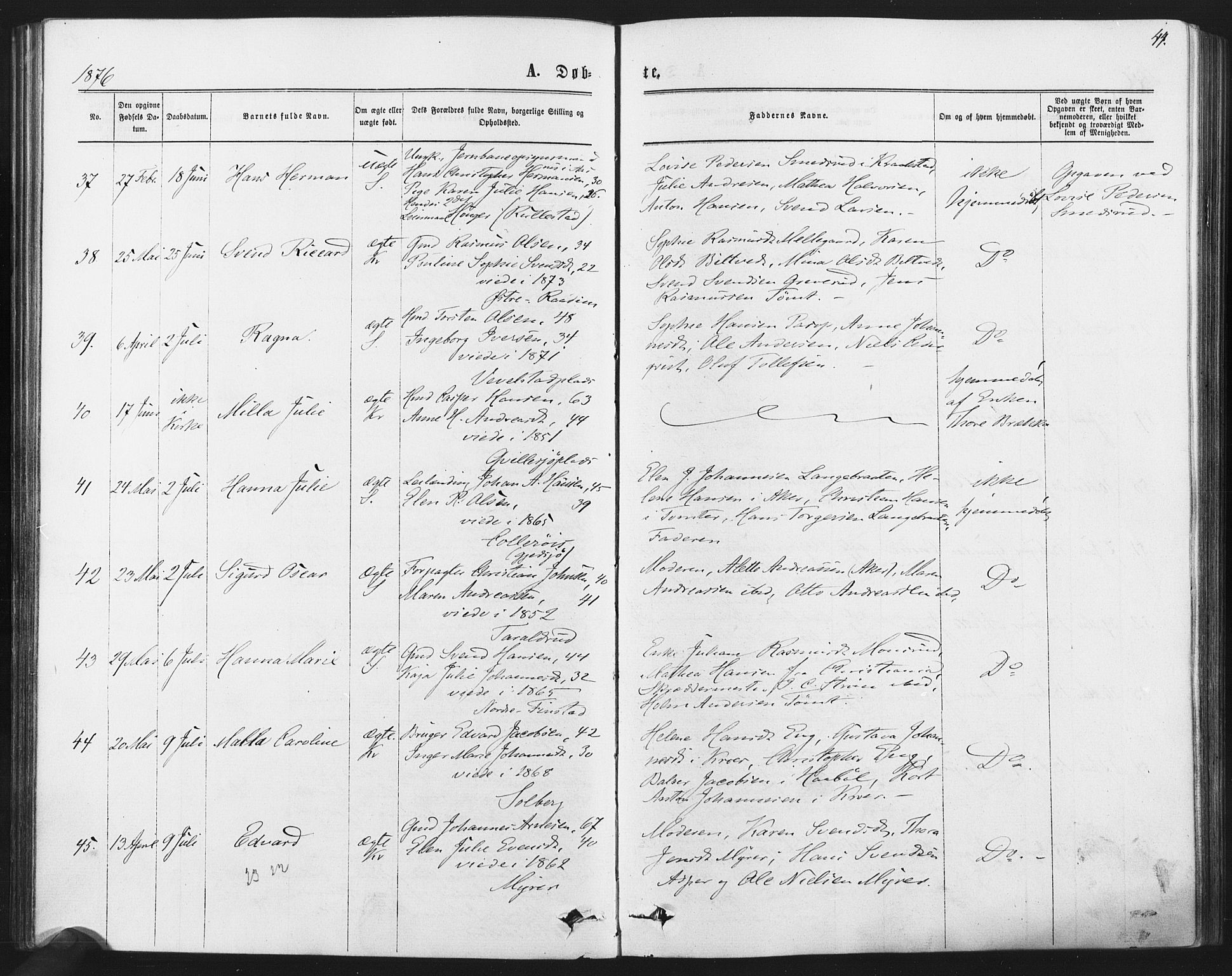 Kråkstad prestekontor Kirkebøker, AV/SAO-A-10125a/F/Fa/L0008: Parish register (official) no. I 8, 1870-1879, p. 44