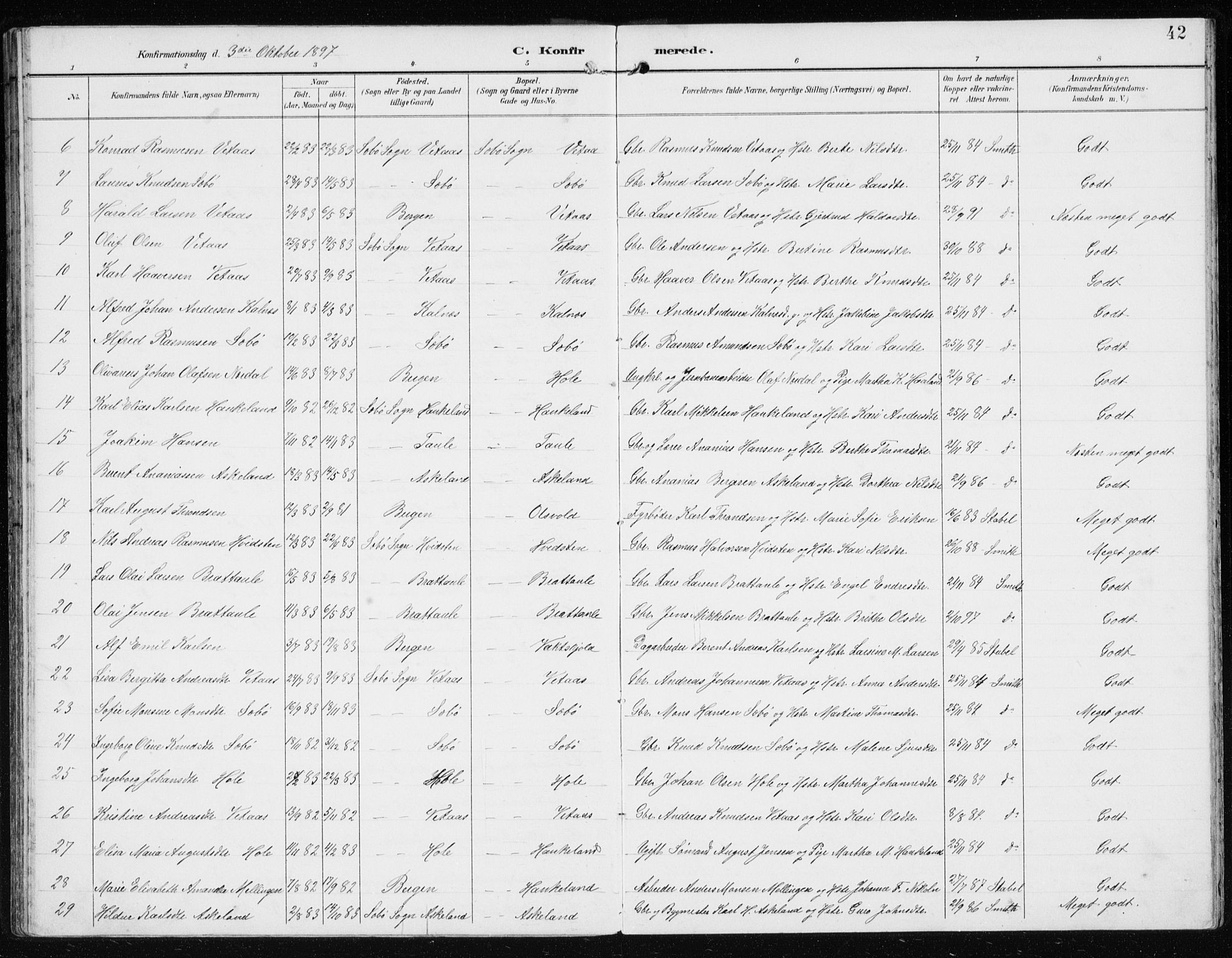 Manger sokneprestembete, AV/SAB-A-76801/H/Hab: Parish register (copy) no. D 3, 1895-1910, p. 42