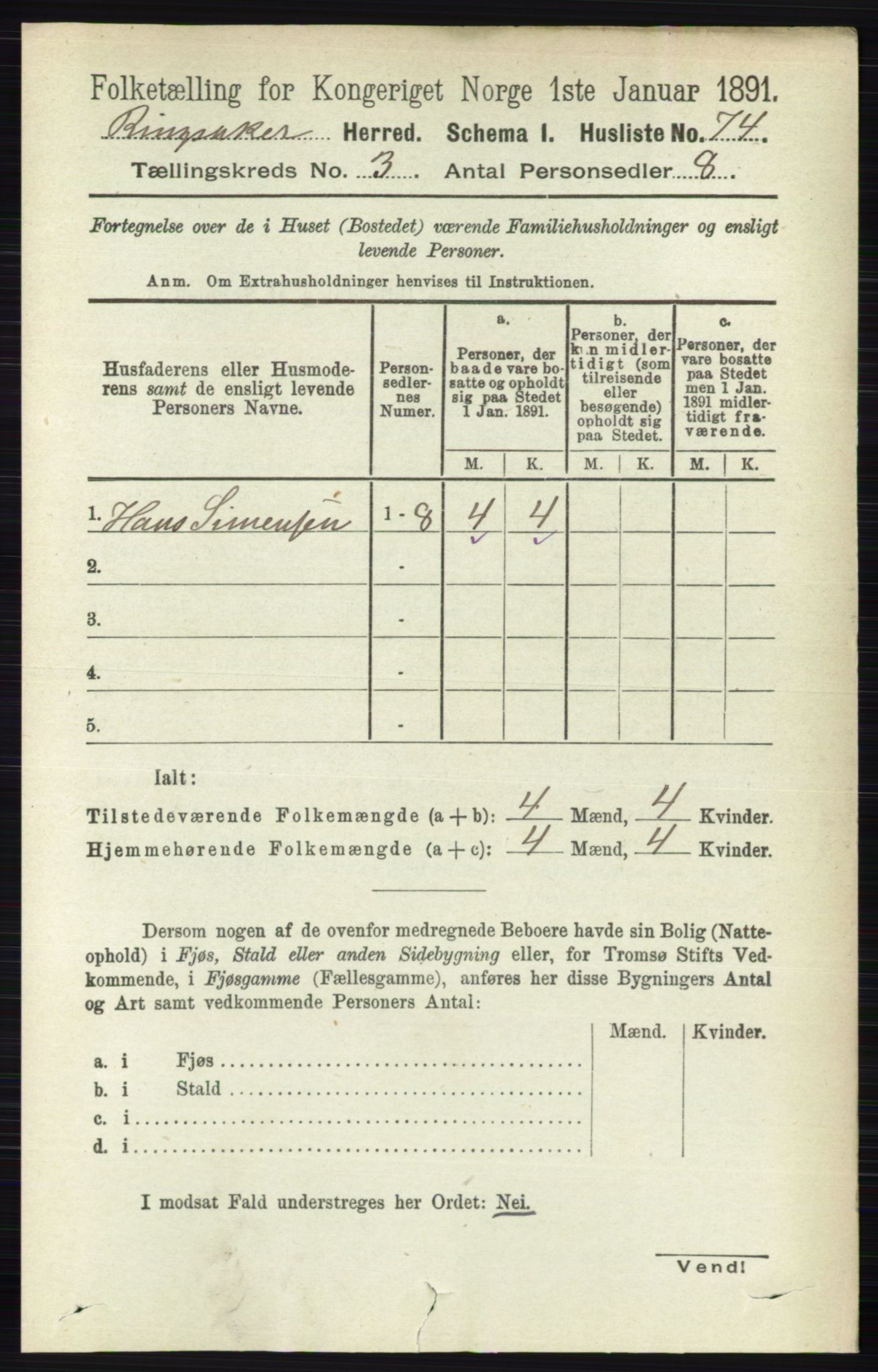 RA, 1891 census for 0412 Ringsaker, 1891, p. 1235