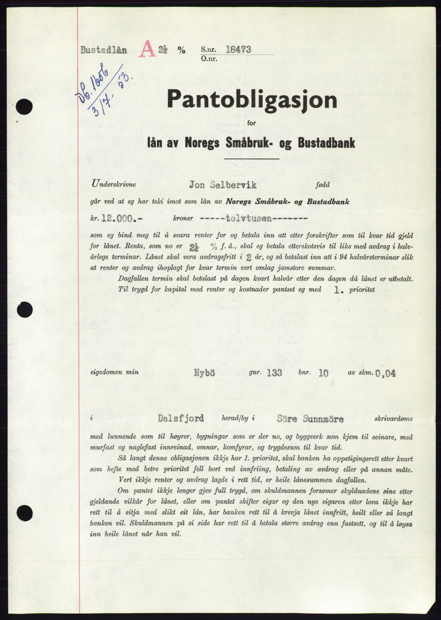 Søre Sunnmøre sorenskriveri, SAT/A-4122/1/2/2C/L0123: Mortgage book no. 11B, 1953-1953, Diary no: : 1606/1953