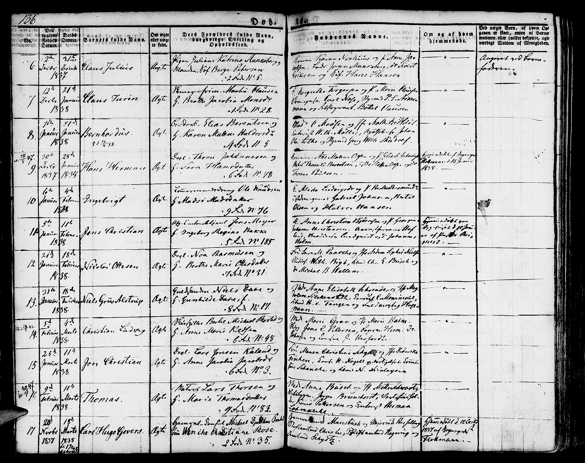 Nykirken Sokneprestembete, SAB/A-77101/H/Hab: Parish register (copy) no. A 5I, 1821-1841, p. 136