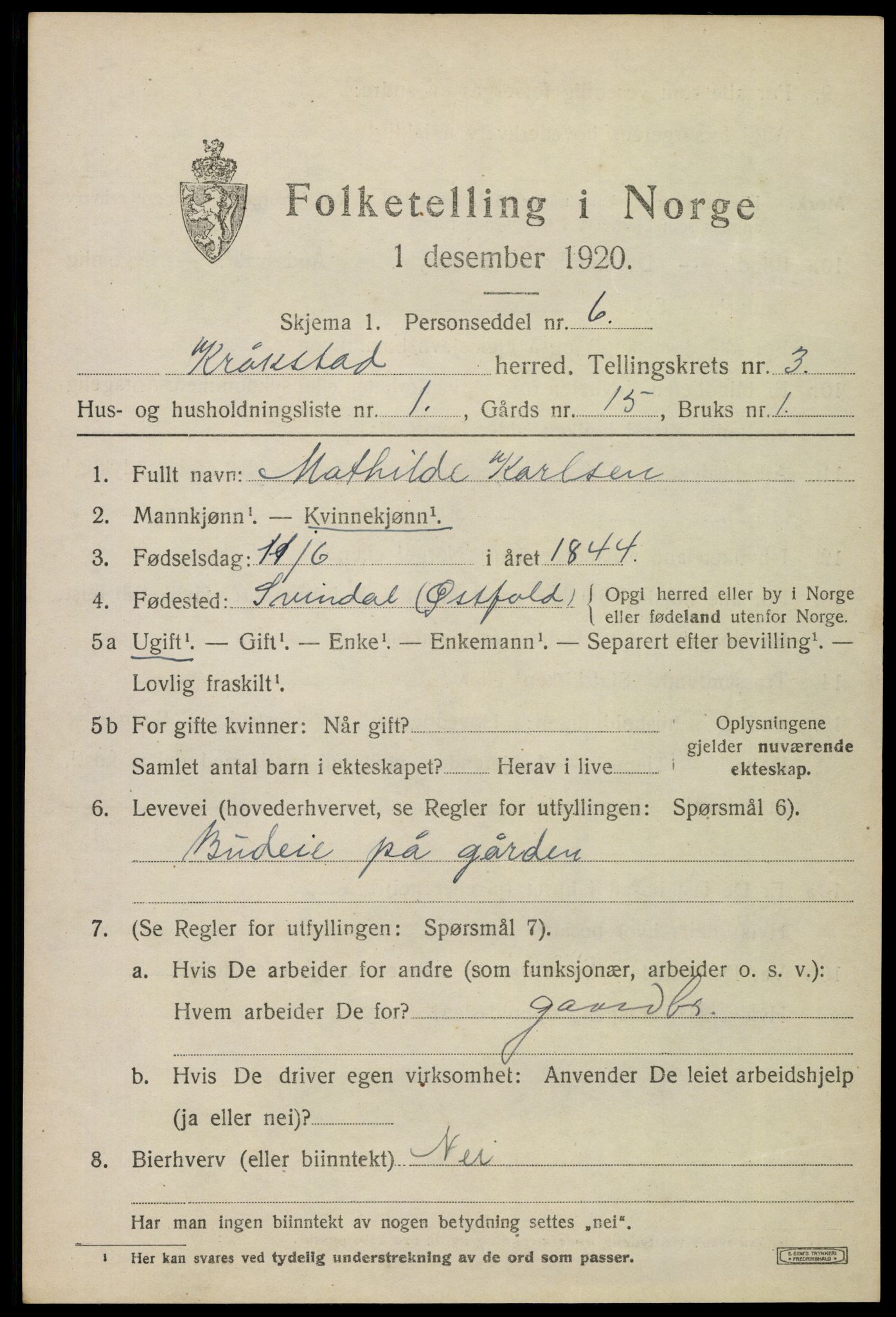 SAO, 1920 census for Kråkstad, 1920, p. 3367