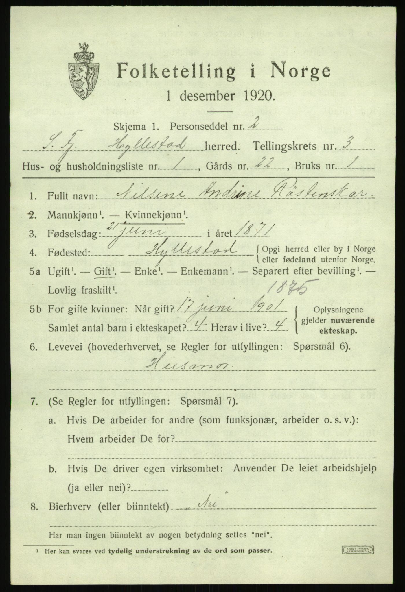 SAB, 1920 census for Hyllestad, 1920, p. 1652