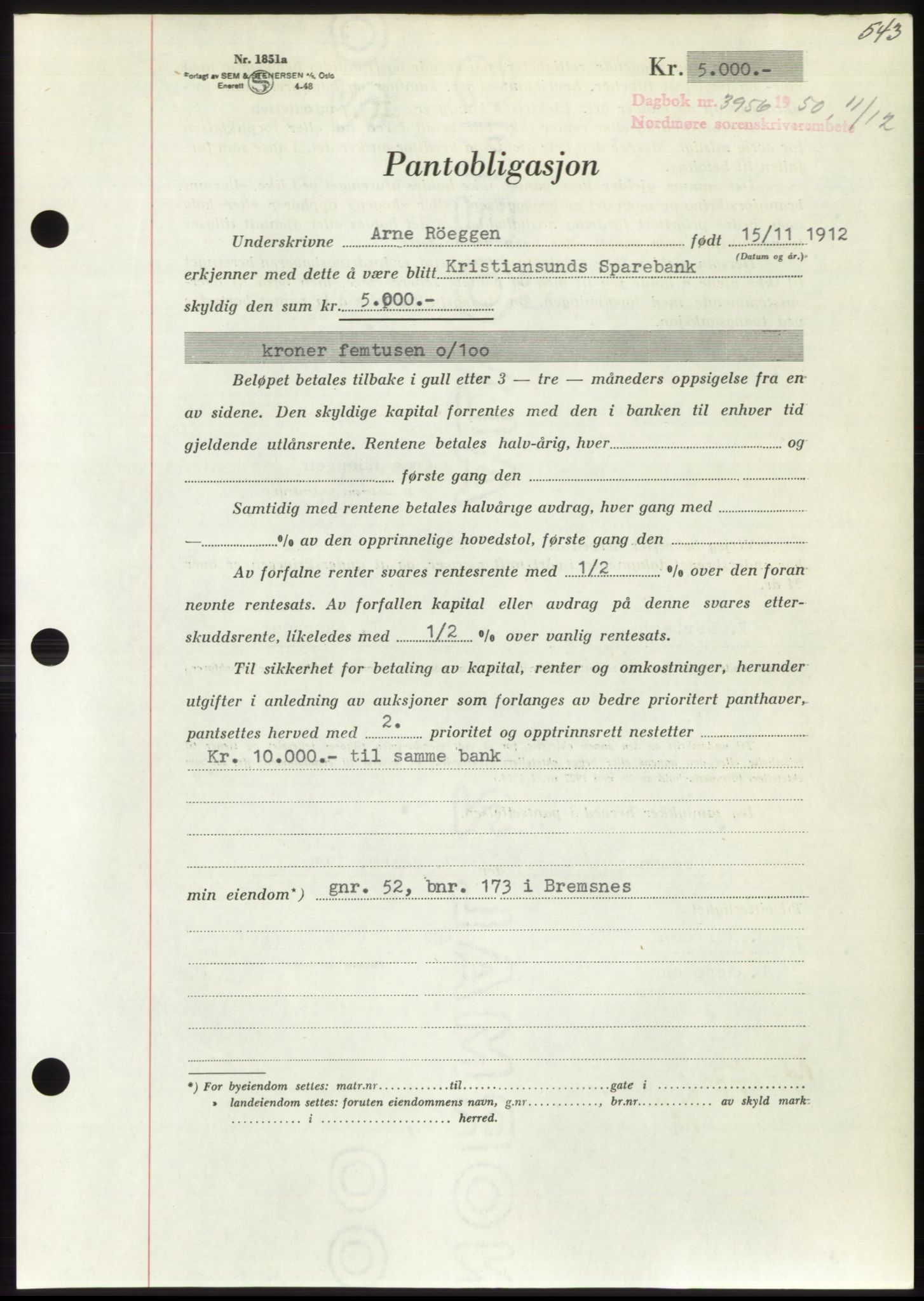 Nordmøre sorenskriveri, AV/SAT-A-4132/1/2/2Ca: Mortgage book no. B106, 1950-1950, Diary no: : 3956/1950