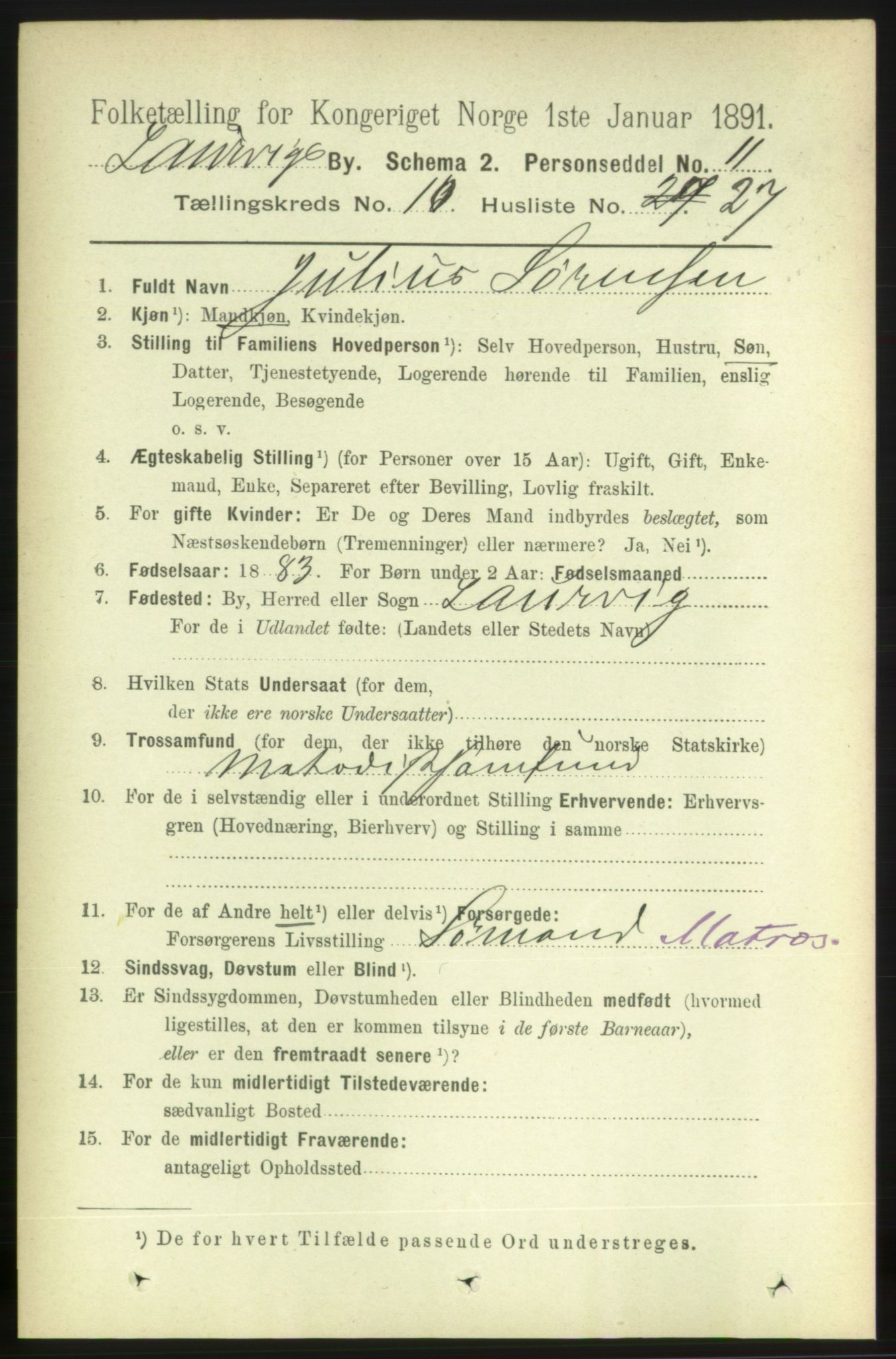 RA, 1891 census for 0707 Larvik, 1891, p. 9328