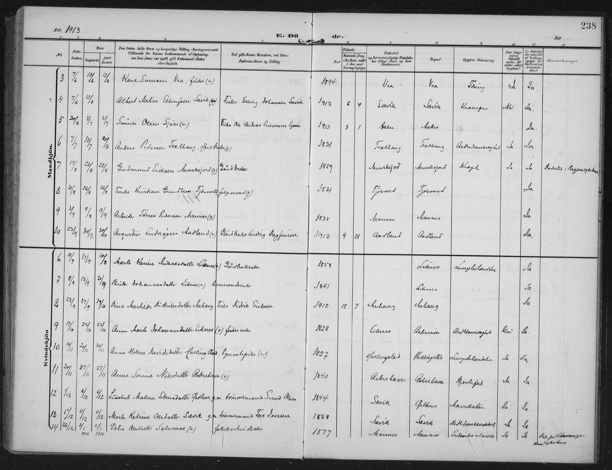 Kopervik sokneprestkontor, AV/SAST-A-101850/H/Ha/Haa/L0005: Parish register (official) no. A 5, 1906-1924, p. 238